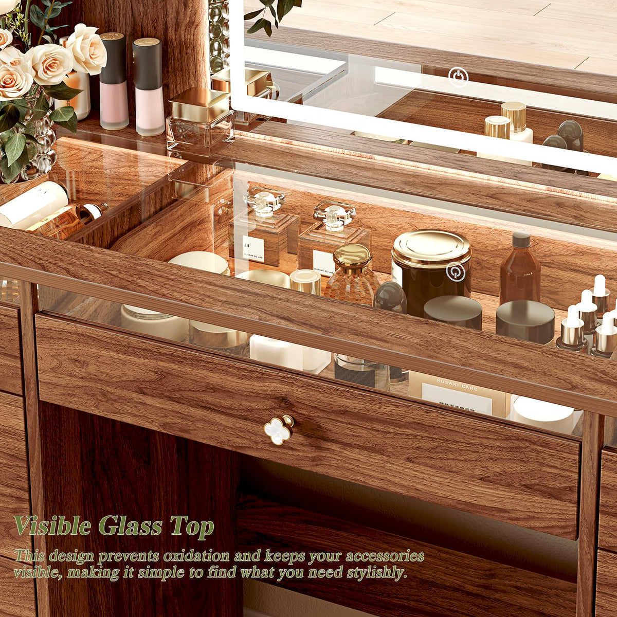 Ieejdn 43.3" Makeup Vanity with LED Mirror, 9 Drawers Dresser with Clover Handles, Built-in Shelves & Power Outlet, Lighted Vanity Desk with Storage for Bedroom, Walnut