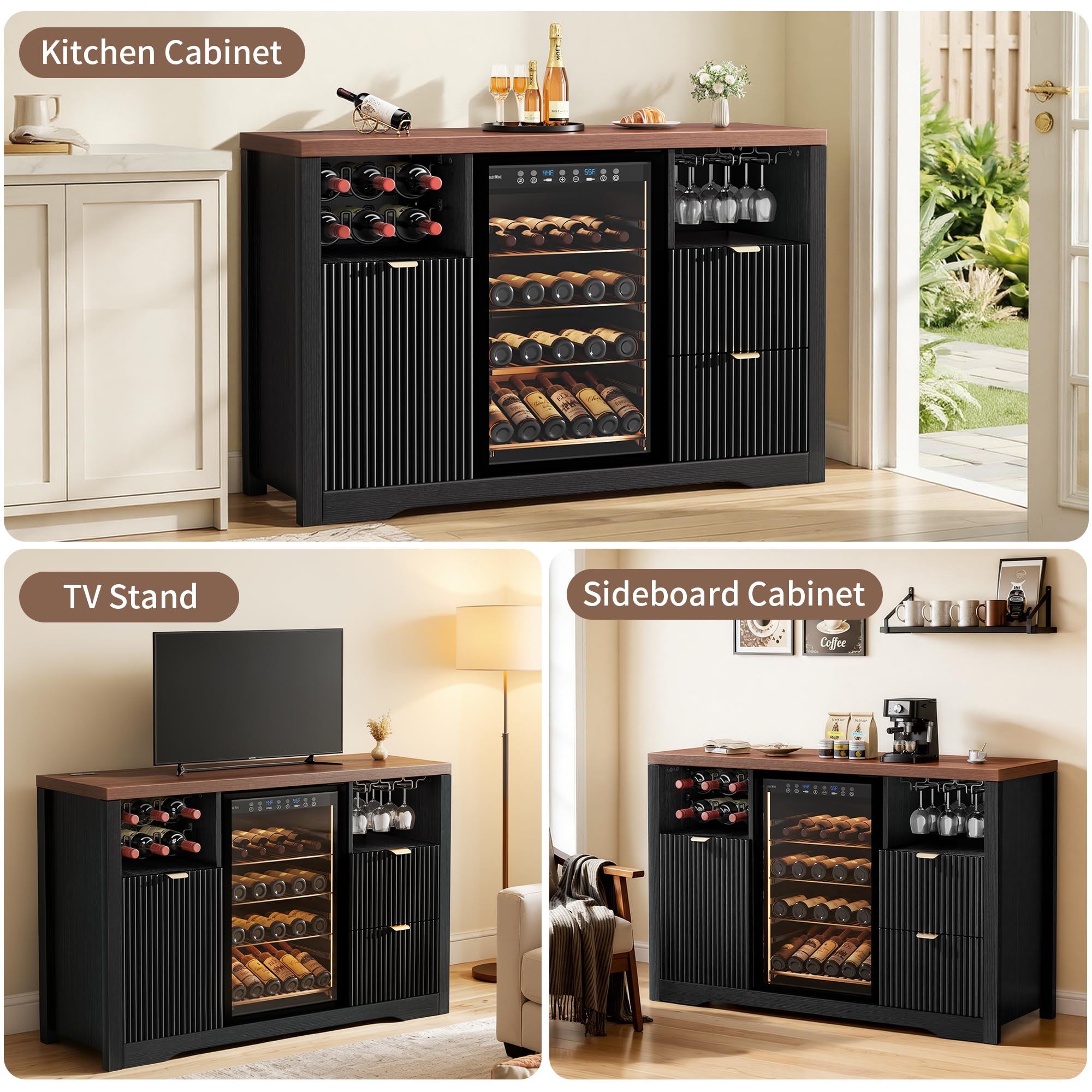 Coffee Bar Cabinet with Fridge Space, 53" L Wine Cabinets with Storage Drawer, Wood Buffet Sideboard Table, Fluted Liquor Cabinet with Wine Rack for Home, Living Room,20"D x 53.1"W x 39.4"H-Black
