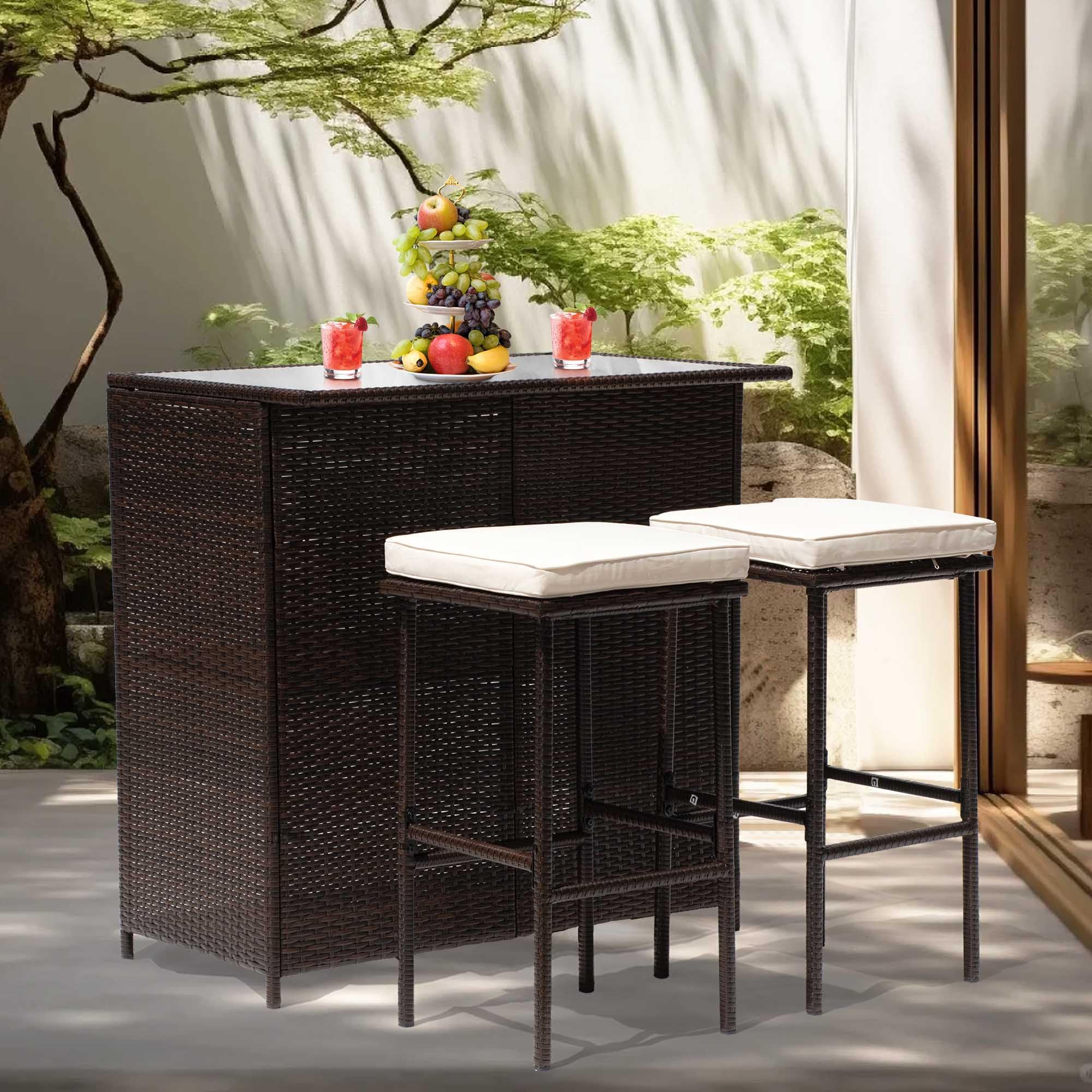 PayLessHere Rattan Bar Set 3Pcs Patio Wicker Bistro Set Sturdy Frame Bar Height Table with Glass Table Top Storage Shelves 2 Bar Stools for Patio Poolside Porch Outdoor Indoor, Khaki (Khaki)