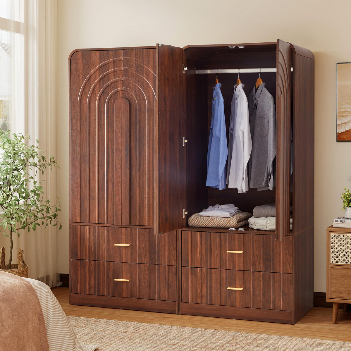 ORRD Freestanding Armoire Wardrobe Closet with Arched Fluted 2 Doors and 2 Storage Drawers, Large Capacity Wardrobe Cabinet Bedroom Organizer for Clothes, Blankets and Accessories, Walnut