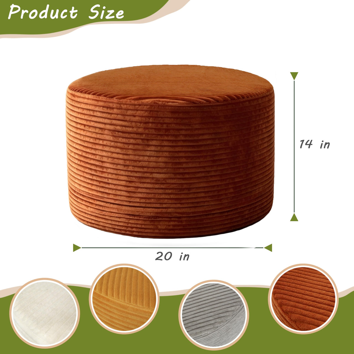 Thgonwid Round Ottoman Pouf, Corduroy Foot Rest Stool, 20x14In,Burnt Orange