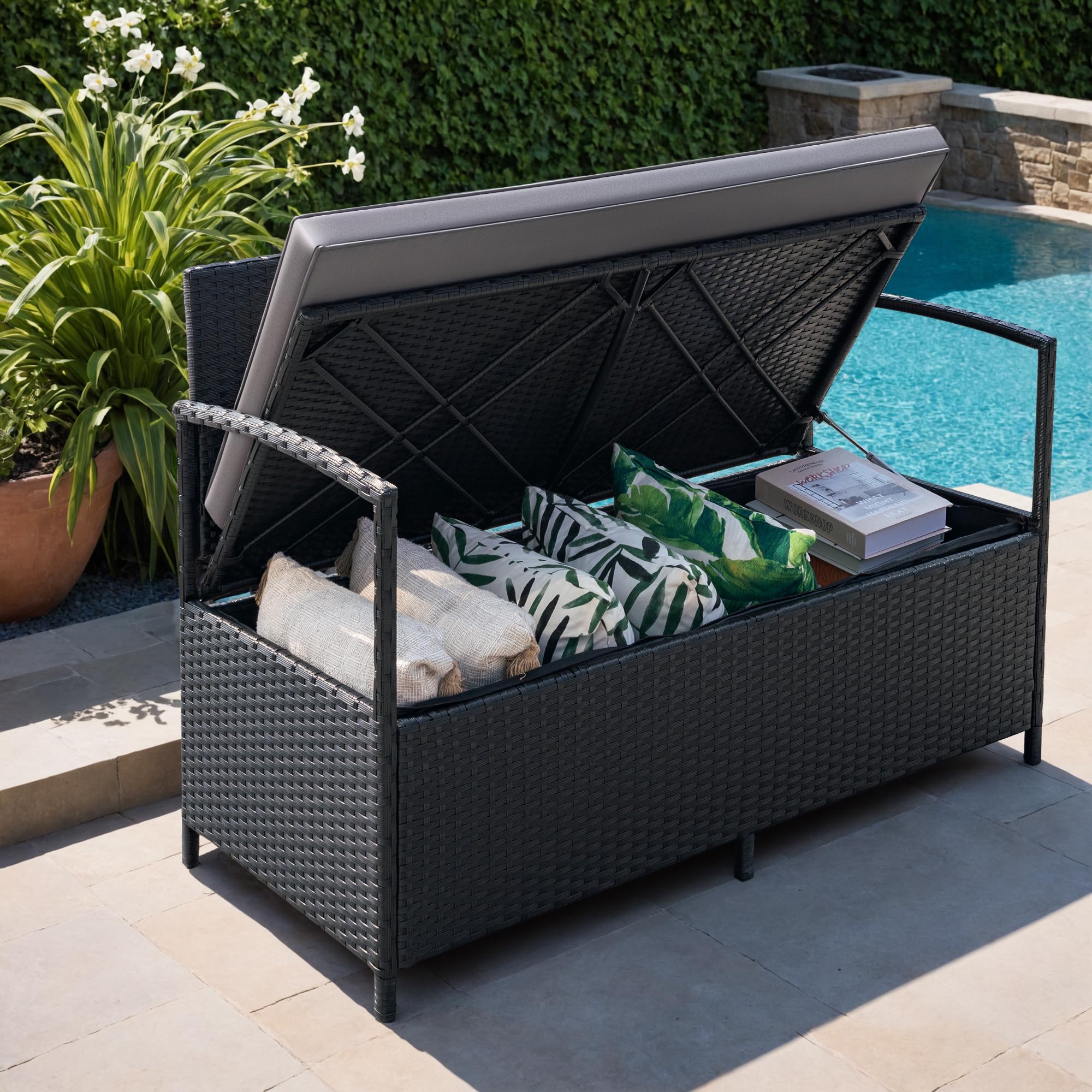Outdoor PE Rattan Storage Bench with Cushion