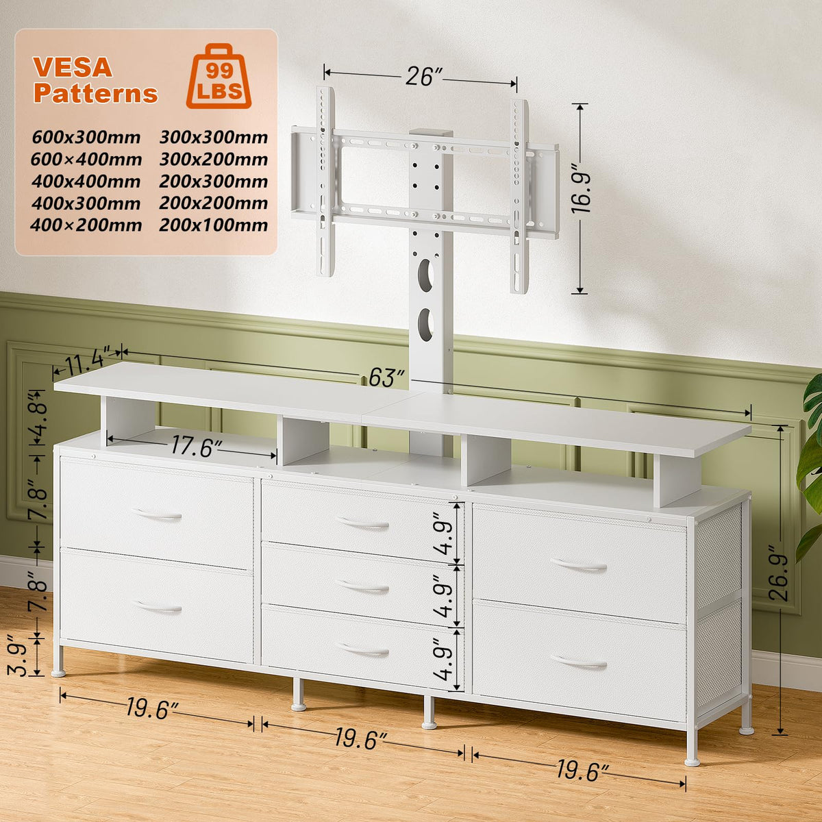 REAHOME 63 Inch 7 Drawers White TV Stand with Mount for 32–75 Inch TVs