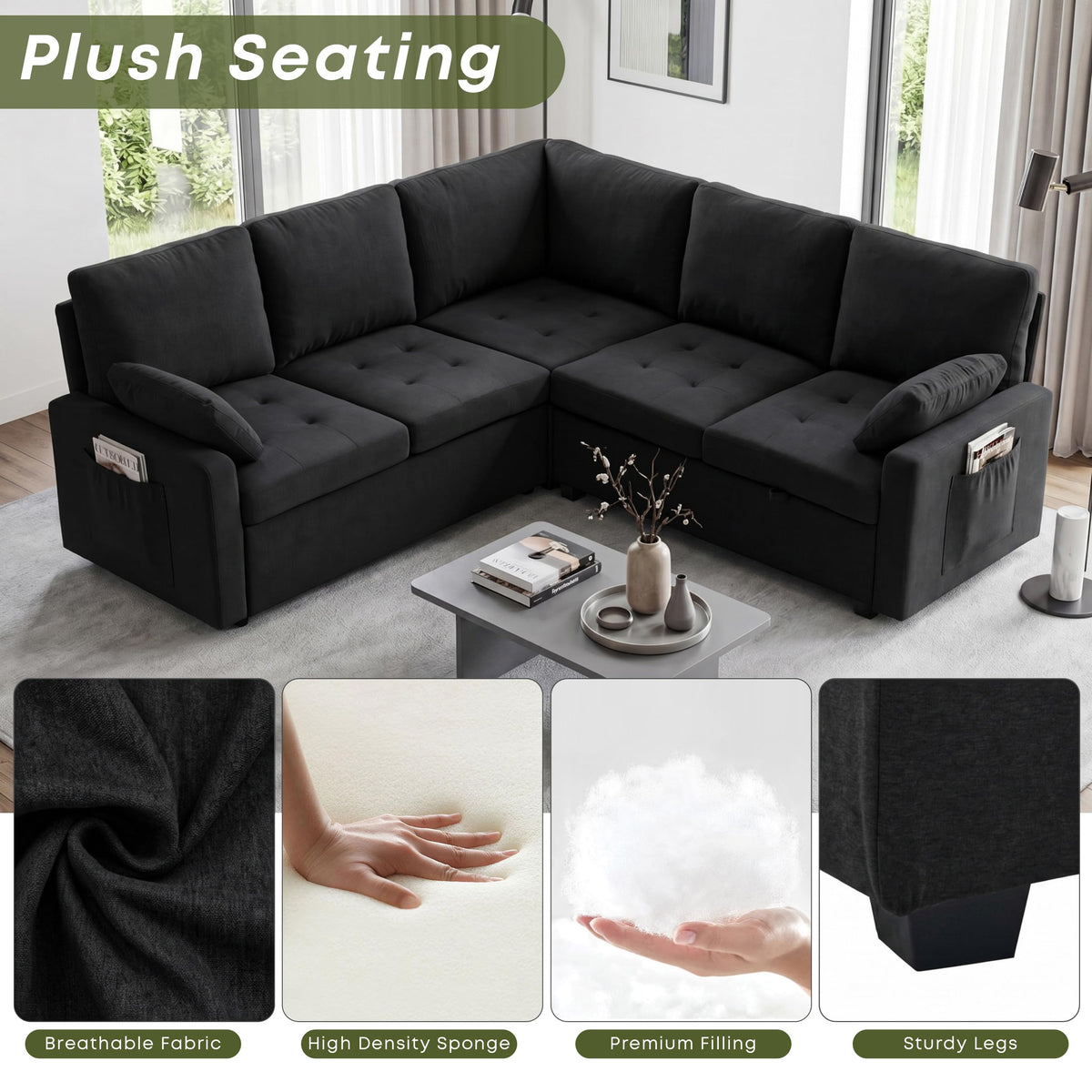 Huatean Home 82" Pull Out Couch with Storage, Sleeper Sofa, 5 Seat L Shaped Sectional Couches for Living Room, Modular Sectional Couch with Removable Covers, Black