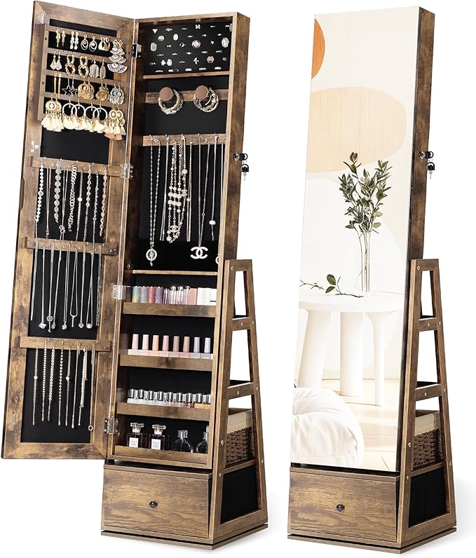 360° Swivel Jewelry Cabinet with Full-Length Mirror