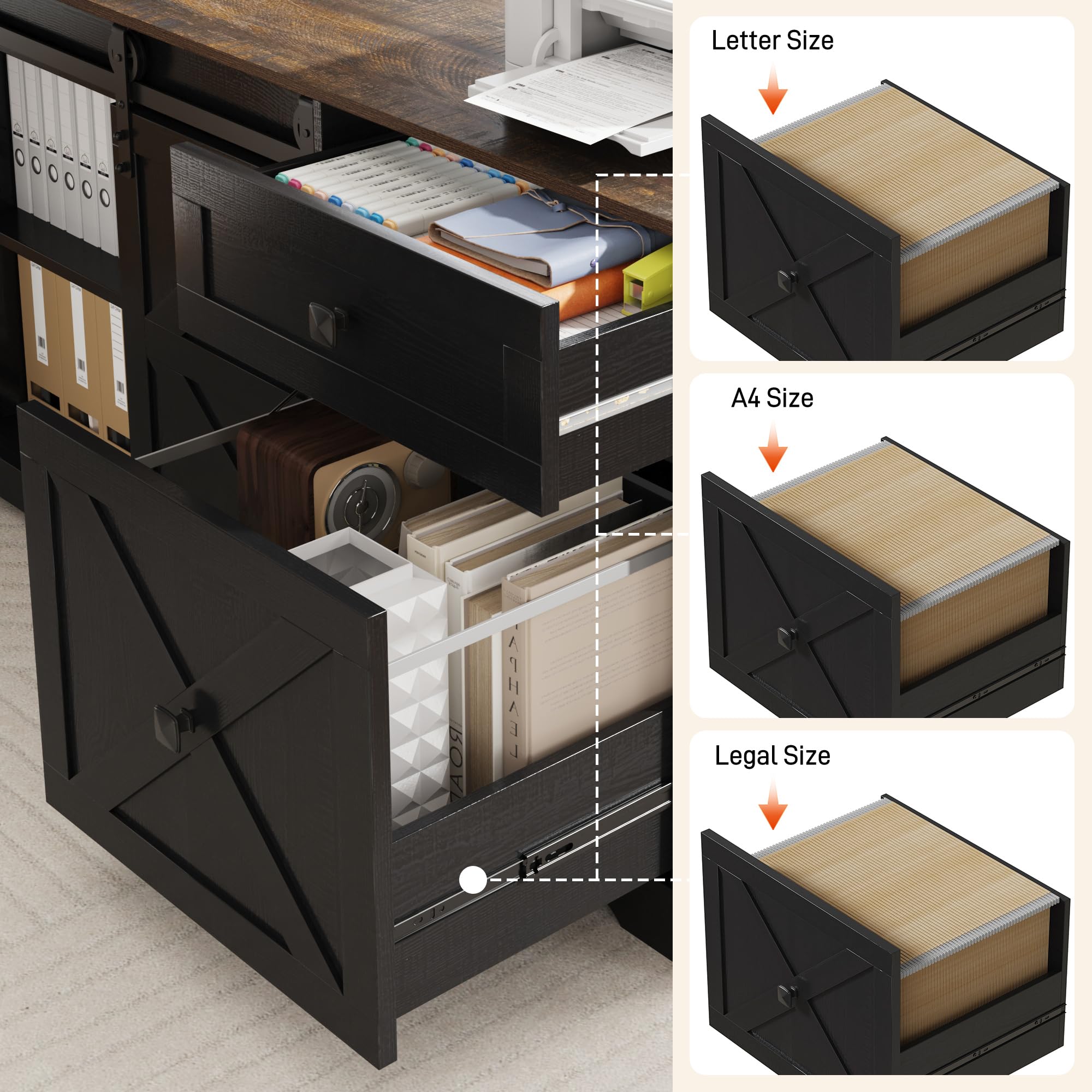 St.Mandyu 63" Farmhouse L Shaped Electric Standing Desk with Sliding Door Storage, Height Adjustable Sit Stand Corner Computer Desk with Power Outlets, Drawers & Cup Holder for Home Office, Black