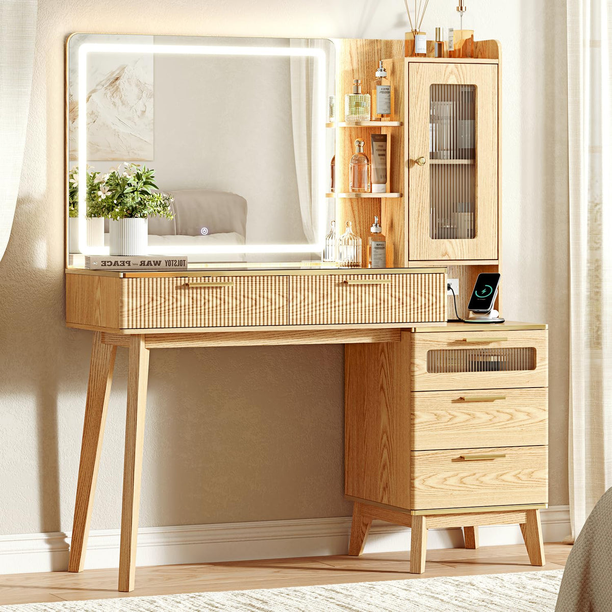 Arulvmrn Vanity Desk with 29.53" HD Lighted Mirror, 47.24" Big Modern Vanity Desk with Mirror and Lights, Makeup Vanity with 5 Drawers and Storage Shelves and Charging Station, Oak