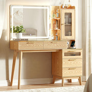 Arulvmrn Vanity Desk with 29.53" HD Lighted Mirror, 47.24" Big Modern Vanity Desk with Mirror and Lights, Makeup Vanity with 5 Drawers and Storage Shelves and Charging Station, Oak