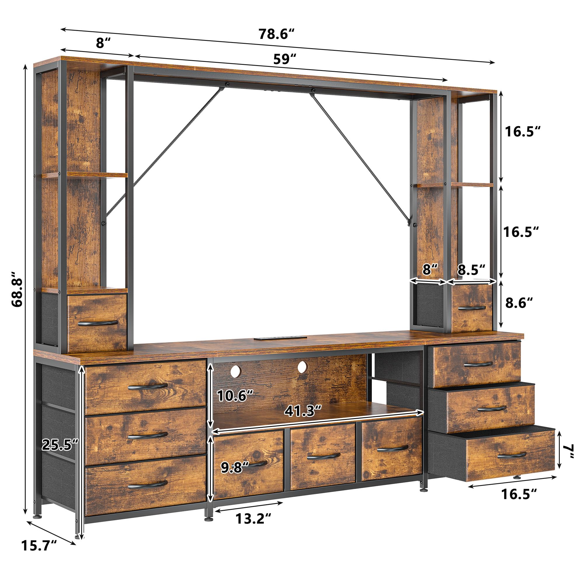 EnHomee 78.6" TV Stand for Living Room, Large Entertainment Center with 11 Fabric Drawers, 2 LED Lights & Power Outlets, Modern Dresser with Storage Shelves, Wall Unit for Bedroom, Brown