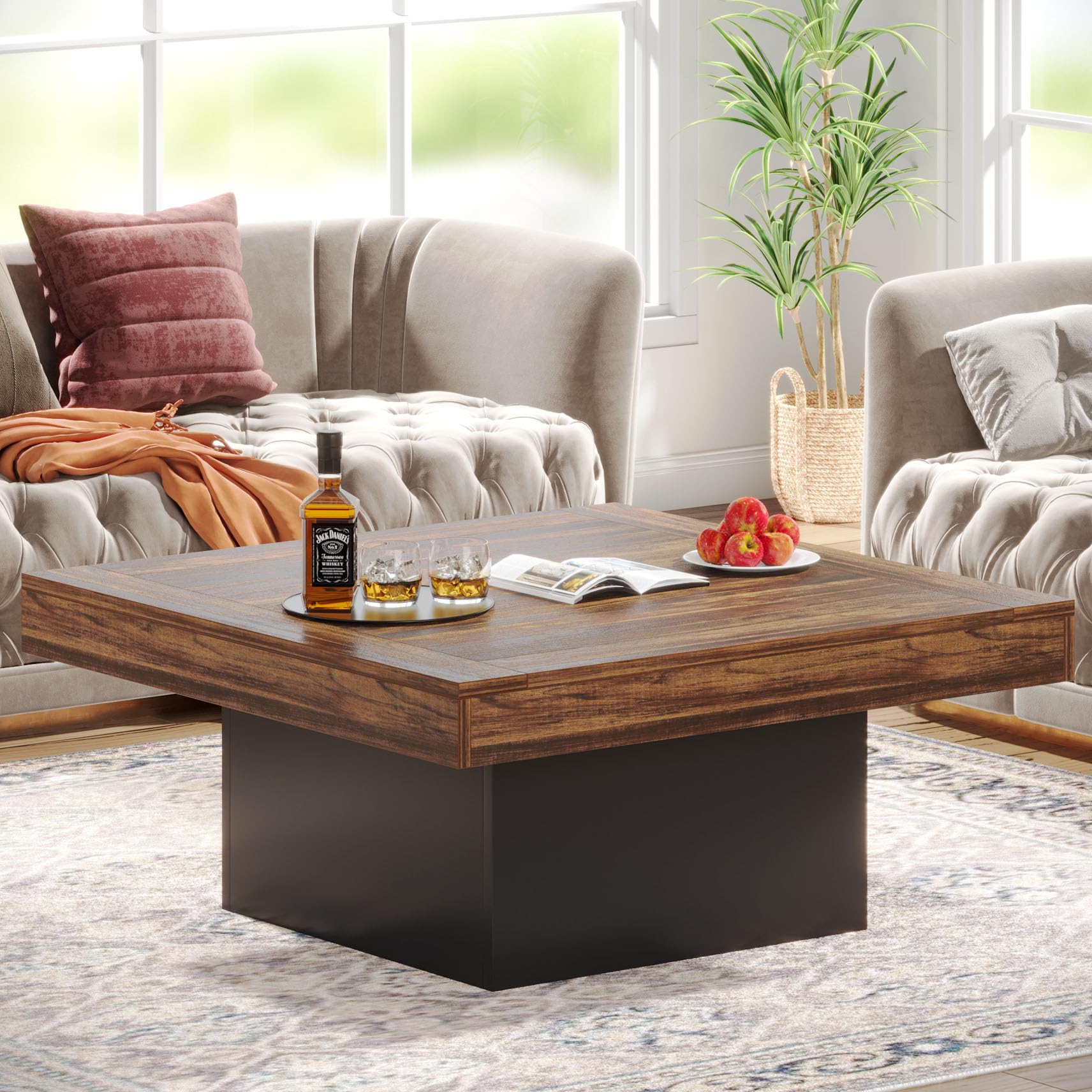 Tribesigns 35.4-Inch Square Coffee Table with LED Light, Modern Wood Coffee Table, Large Center Table for Living Room, Rustic Brown & Black
