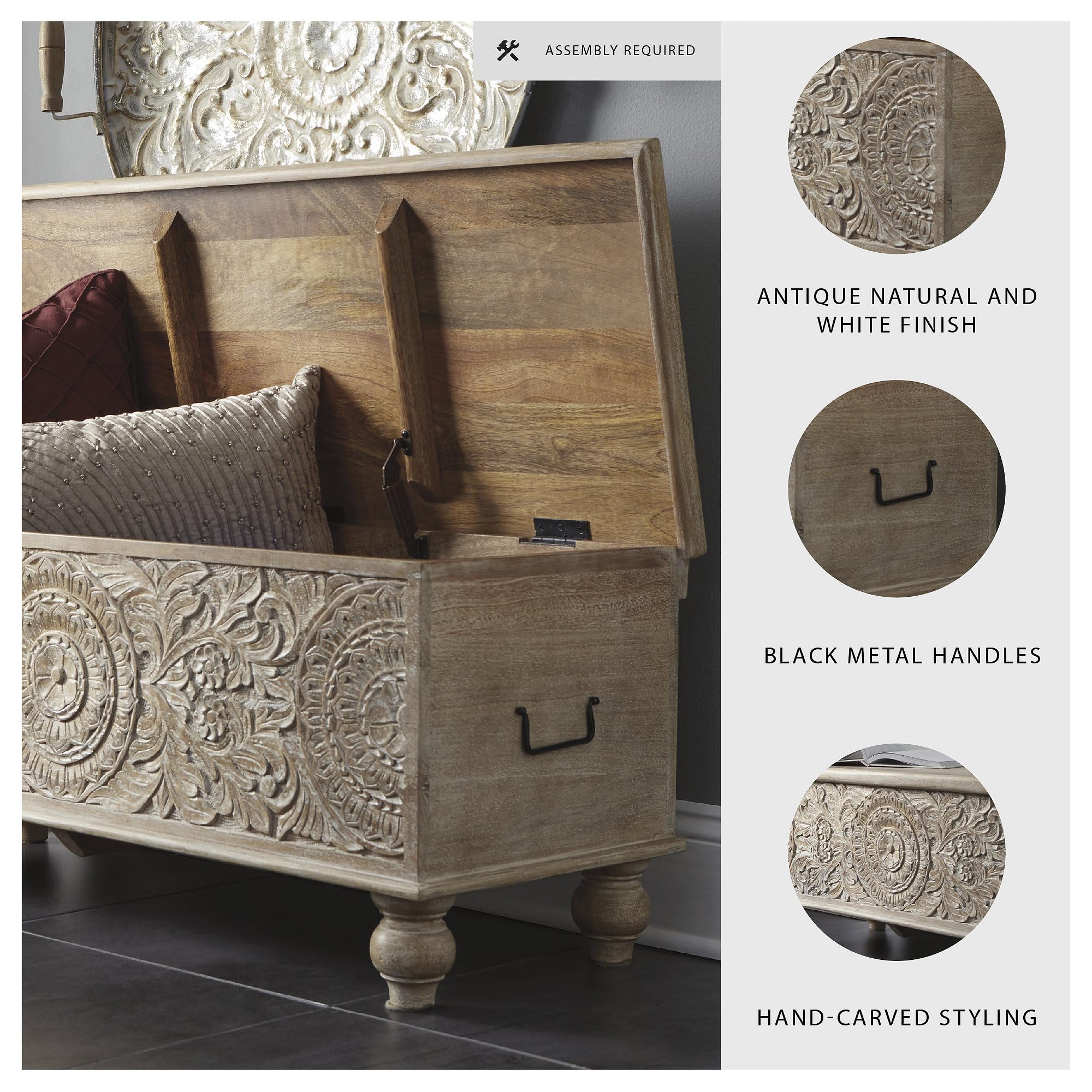 Boho Carved Wood Storage Bench with Hinged Top
