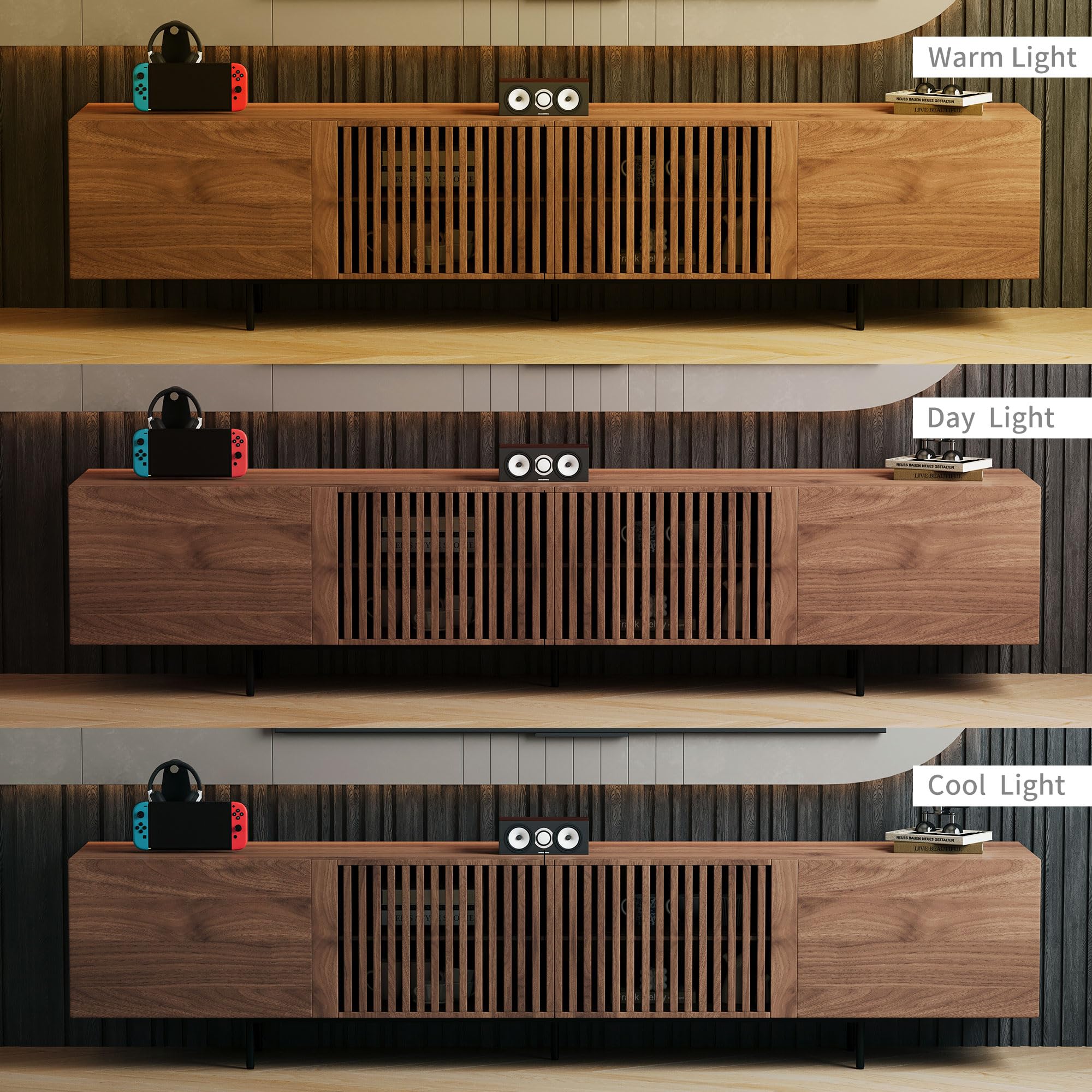 gaoyangjiaju 94.48" Mid-Century Modern TV Stand, Walnut Media Console with 4 Storage Cabinets, Entertainment Center for TVs up to 100 Inches, Ideal for Living Room or Bedroom
