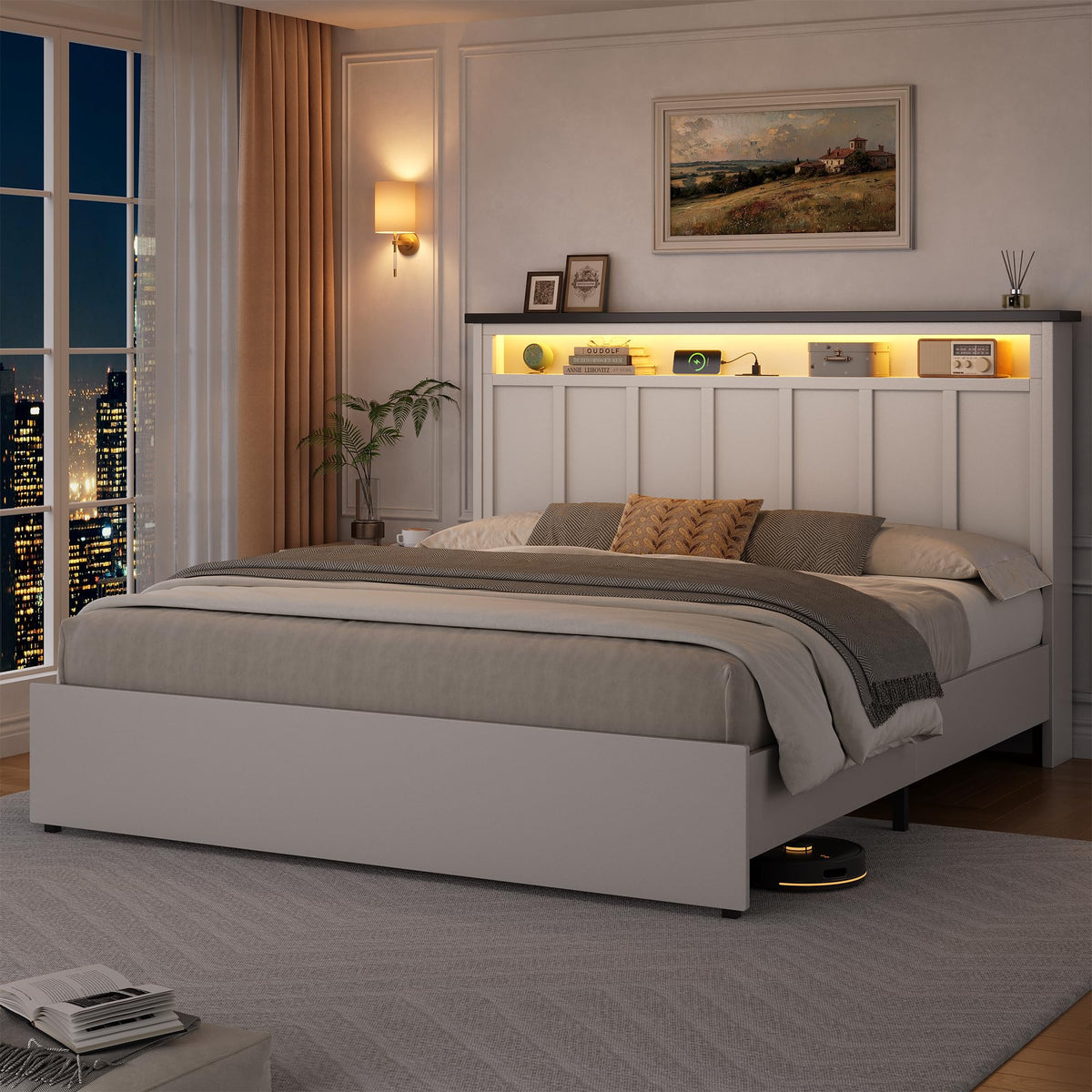 Glirun Queen Bed Frame with 2-Tier Storage Headboard, White