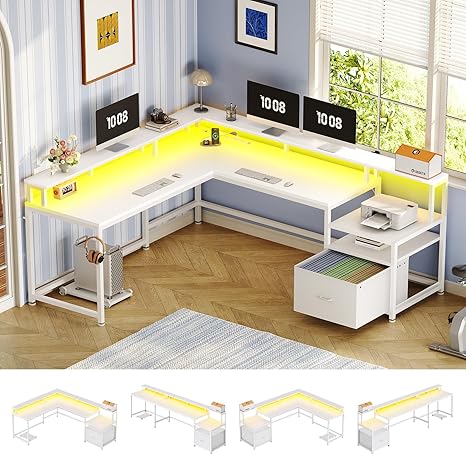 L-Shaped Desk with File Drawer, Power Outlet & LED Lights