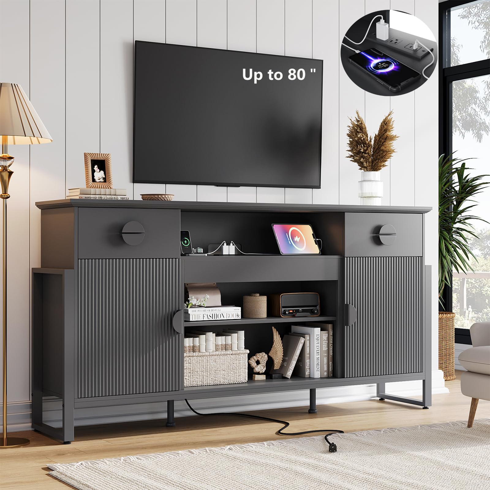LGHM 70'' Fluted TV Stand with Power Outlets, Stylish Modern Entertainment Center with Drawers for TVs Up to 80”, 38'' Tall TV Stand, Media Console for Living Room, Metal Legs Design, Black