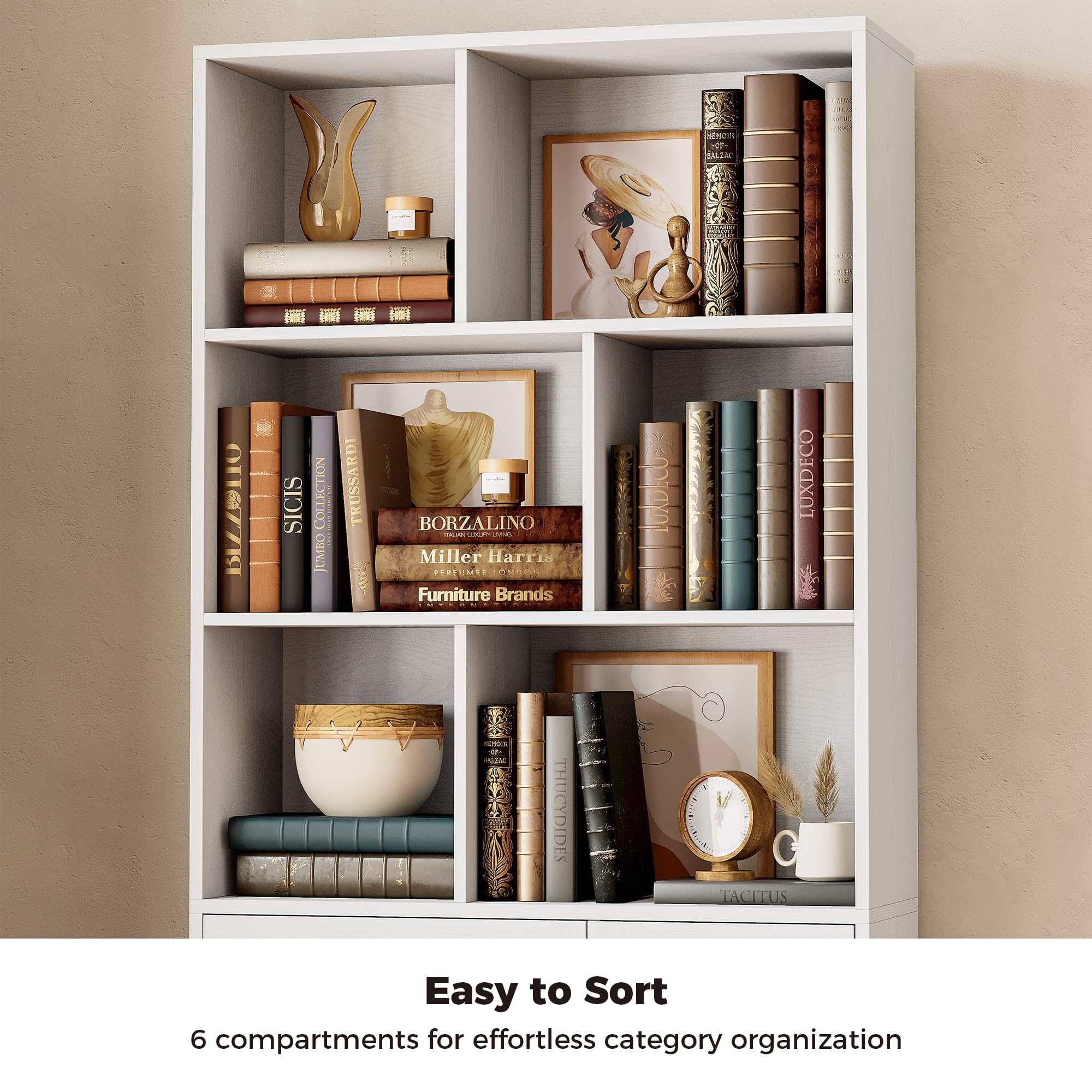IRONCK Bookshelf, 70.9 Inch Tall Bookcase, White Book Shelf with Doors and 3 Drawers, 3-Tier Bookshelves with 6 Open Cubes for Home Office, Living Room, Study