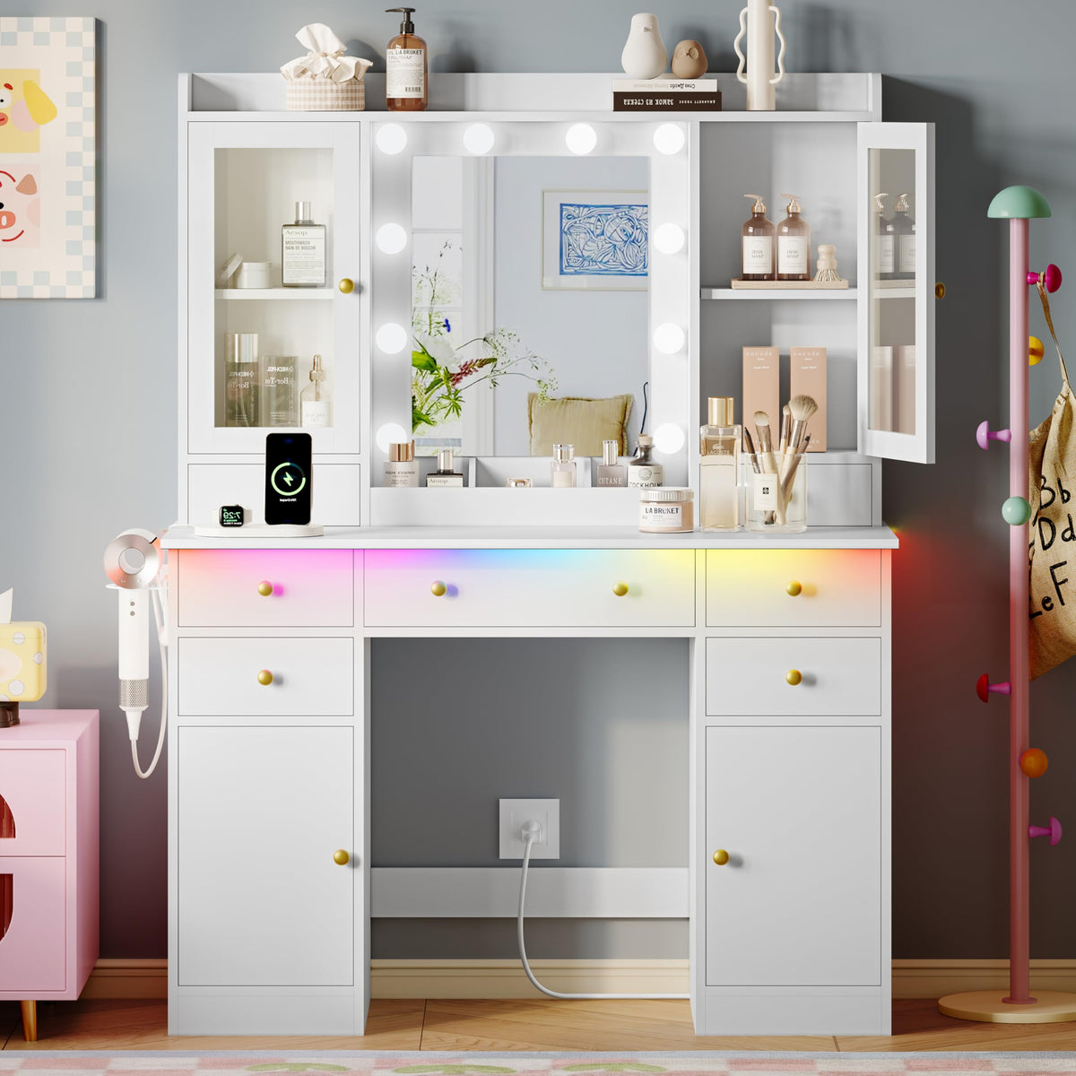 Xixini 44" Vanity Desk with Mirror & Lights, Glass Storage Cabinets, White
