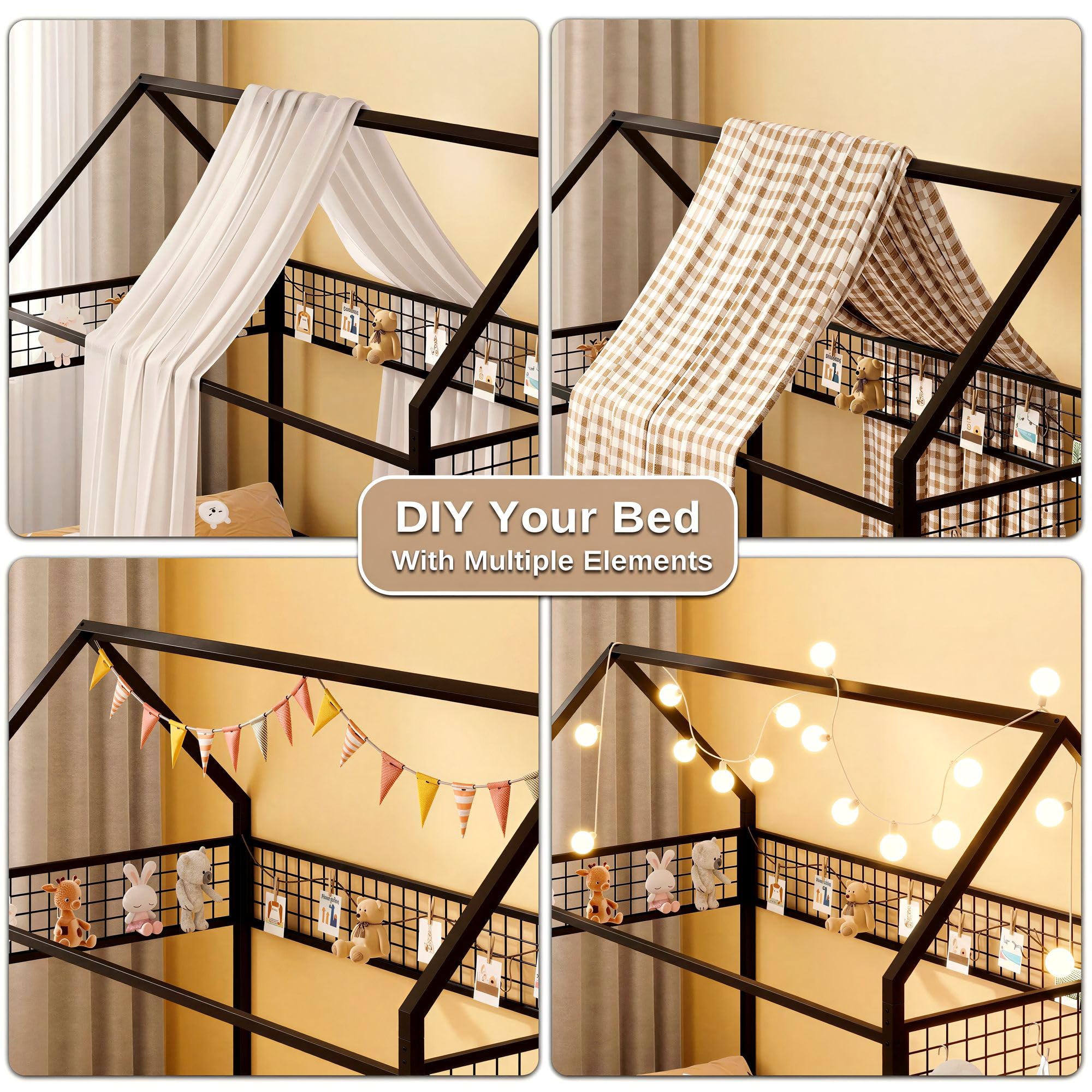 Twin Metal House Floor Bed Frame with Guardrails