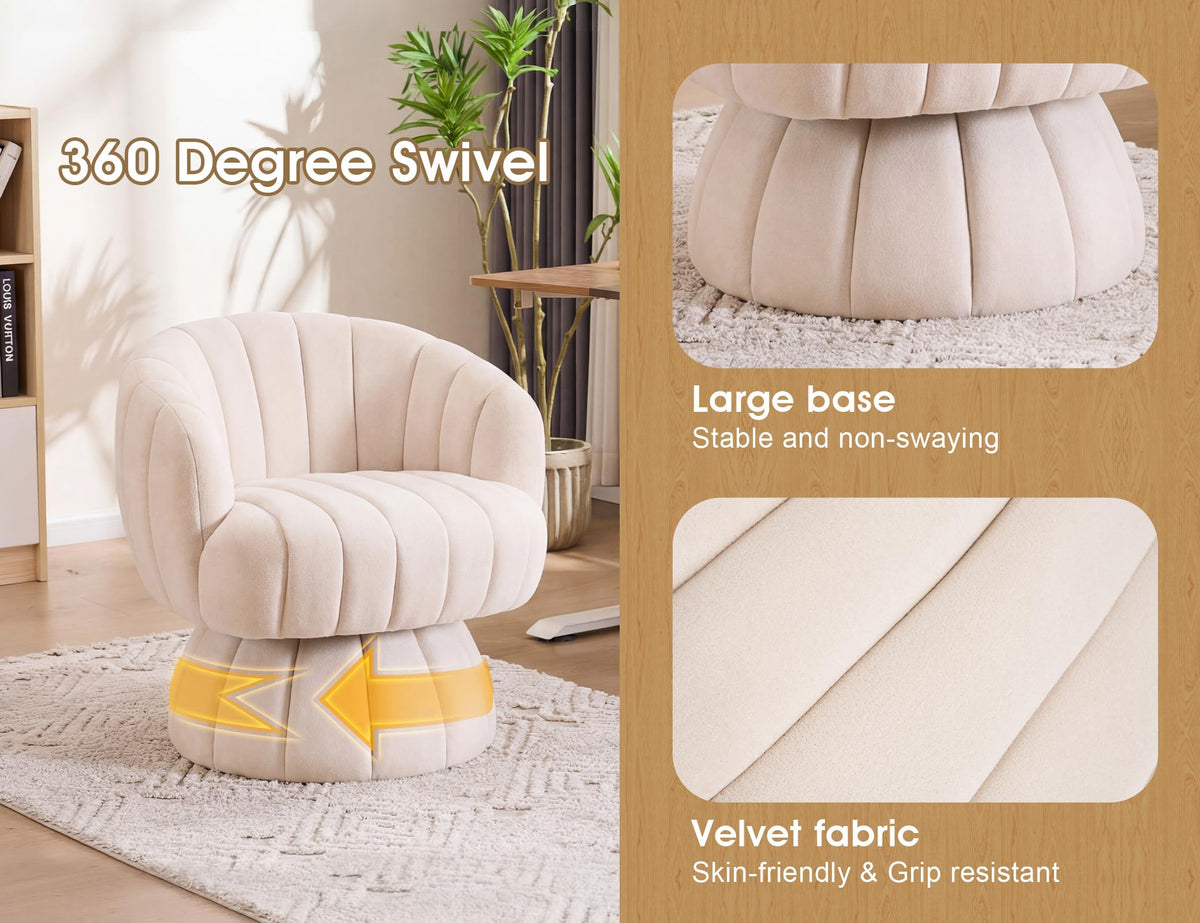 Beige Velvet Swivel Barrel Chair