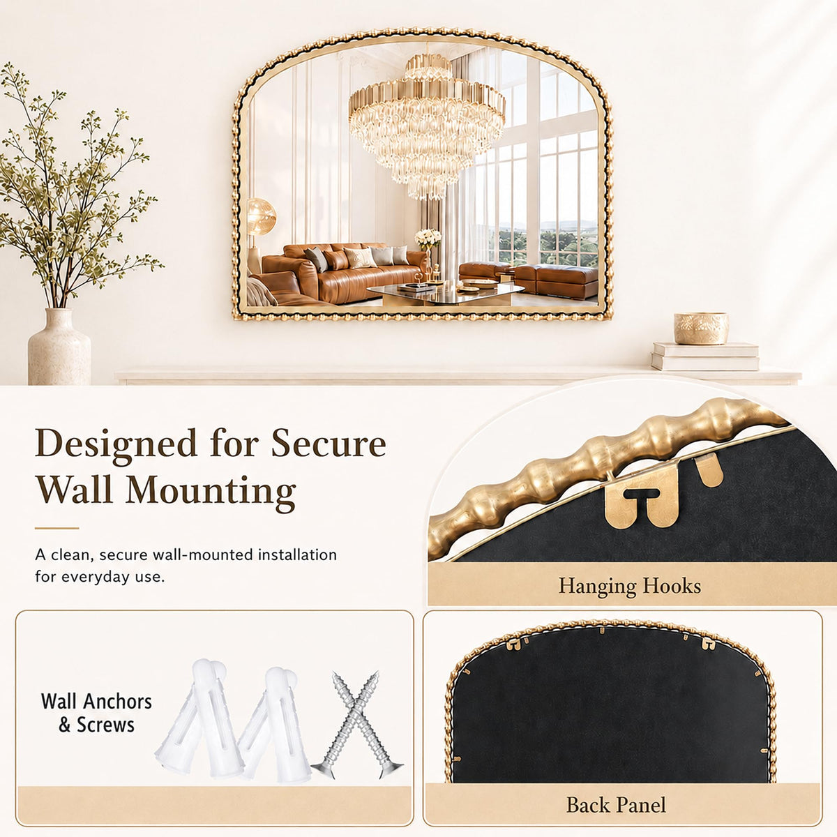 CAVINHOME 40"x30" Wide Arch Wall Mirror, Antique Gold Bold Beaded Frame