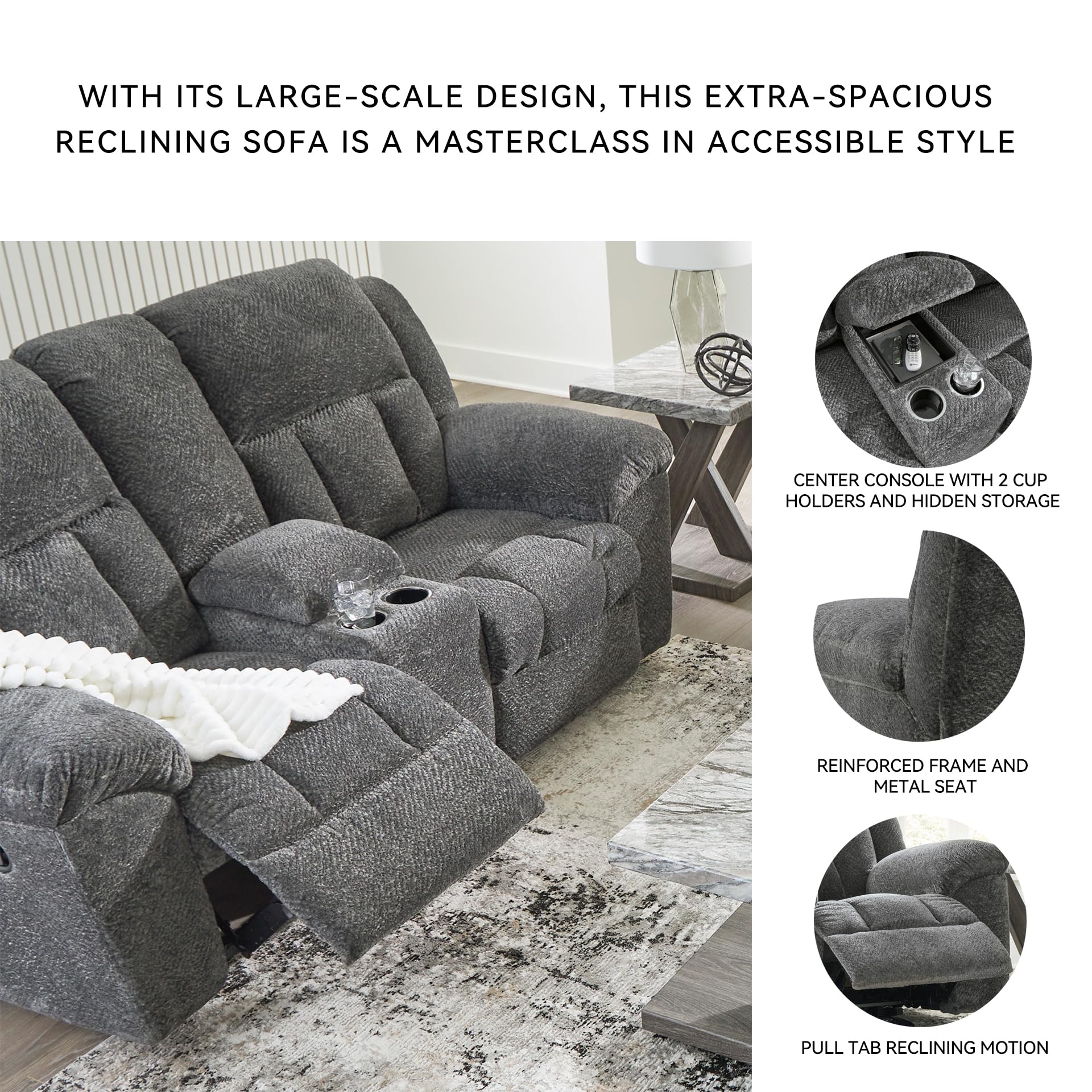 Signature Design by Ashley Frohn Contemporary Manual Reclining Loveseat with Console with Console, Storage and Cup Holders, Gray