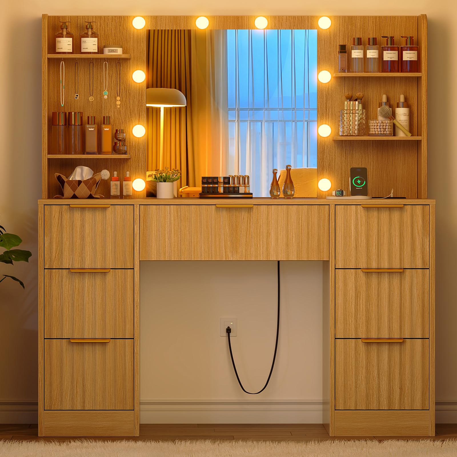 FIONESO Fluted Vanity Desk with Mirror and Adjustable LED Lights & Power Outlet, Makeup Vanity Desk with 7 Drawers,4 Shelves and 5 Hooks, Vanity for Girls, Natural Oak