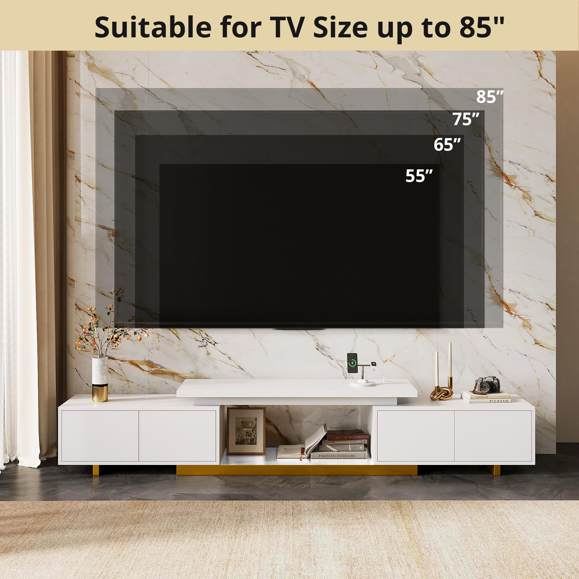 Extendable TV Stand for 55–90" TVs with LED Lights & Charging Station