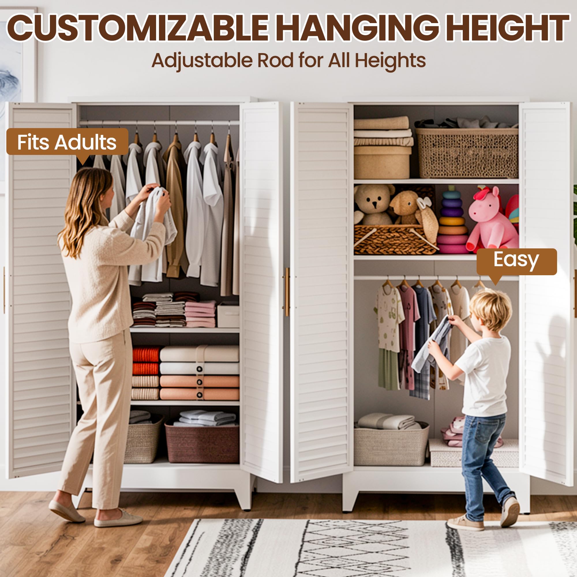Metal Armoire Wardrobe Closet, 71" Clothing Storage Cabinets with Adjustable Hanging Rod, Louvered Doors, 2 Side Hooks & 2 Adjustable Shelves - Closet Cabinet for Bedroom, Laundry Room, Cloak Room