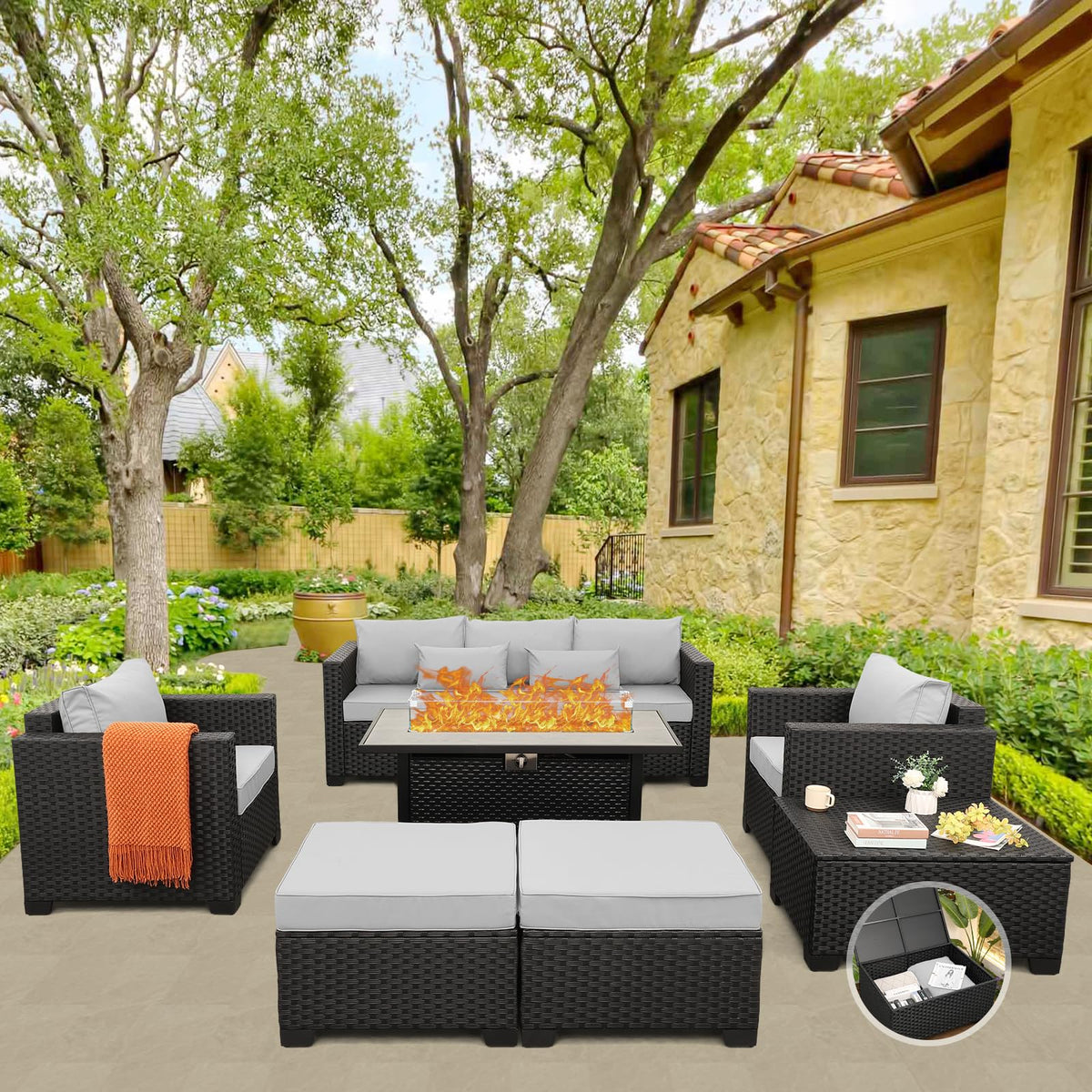 Patio Furniture Set 45 In Outdoor Fire Pits 7 Pieces Outdoor Patio Furniture 60000 BTU Outdoor Propane Fire Pit Table Patio Sofa Outdoor Chairs Anti-slip Cushions Waterproof Covers, Light Grey
