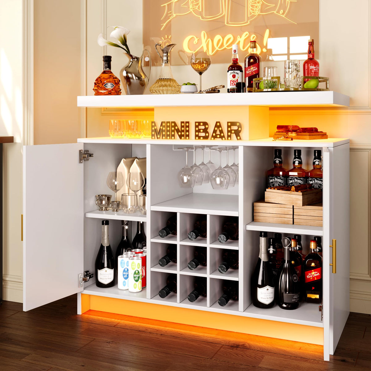 Fluted Wine Cabinet with LED Lights