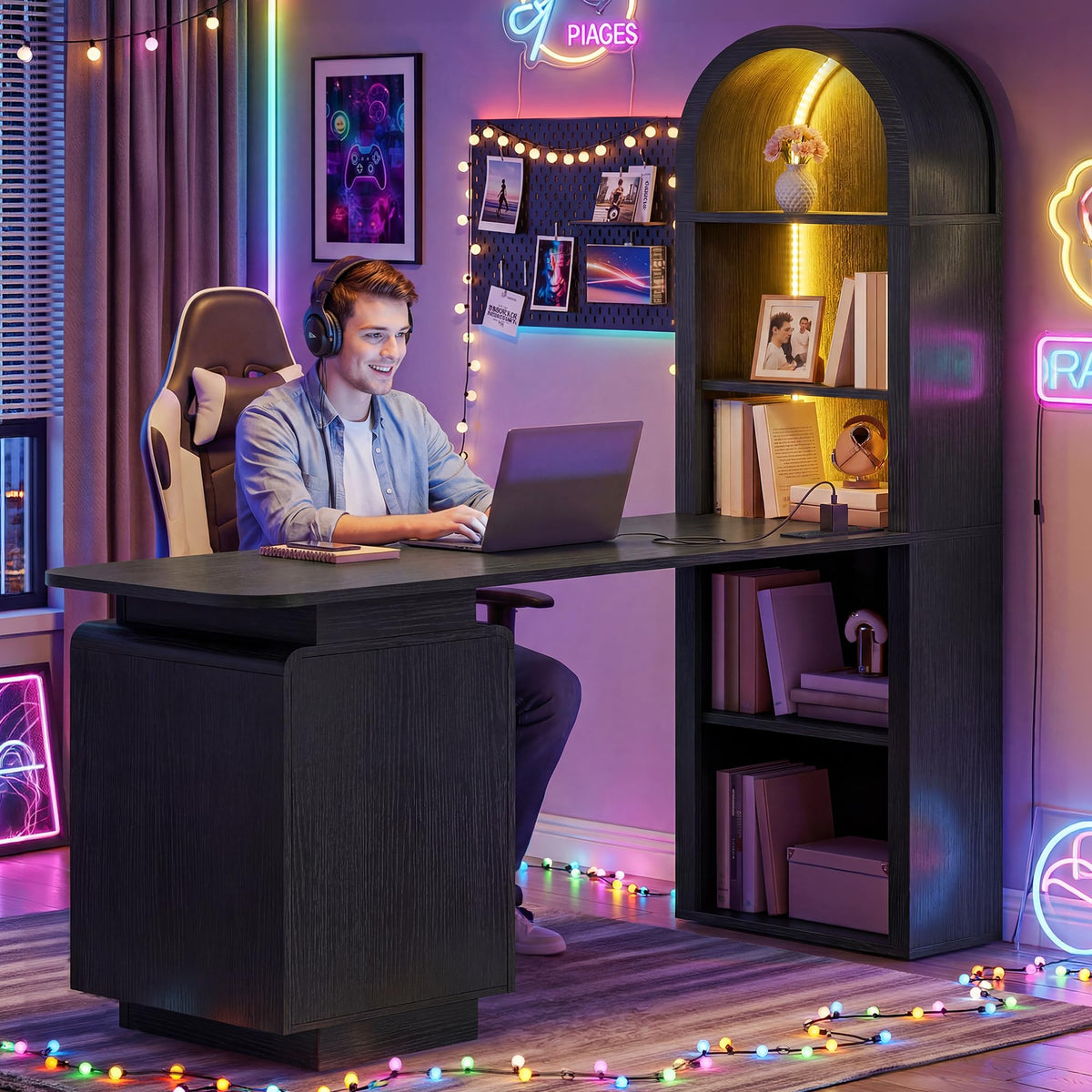LED Computer Desk with Bookshelf