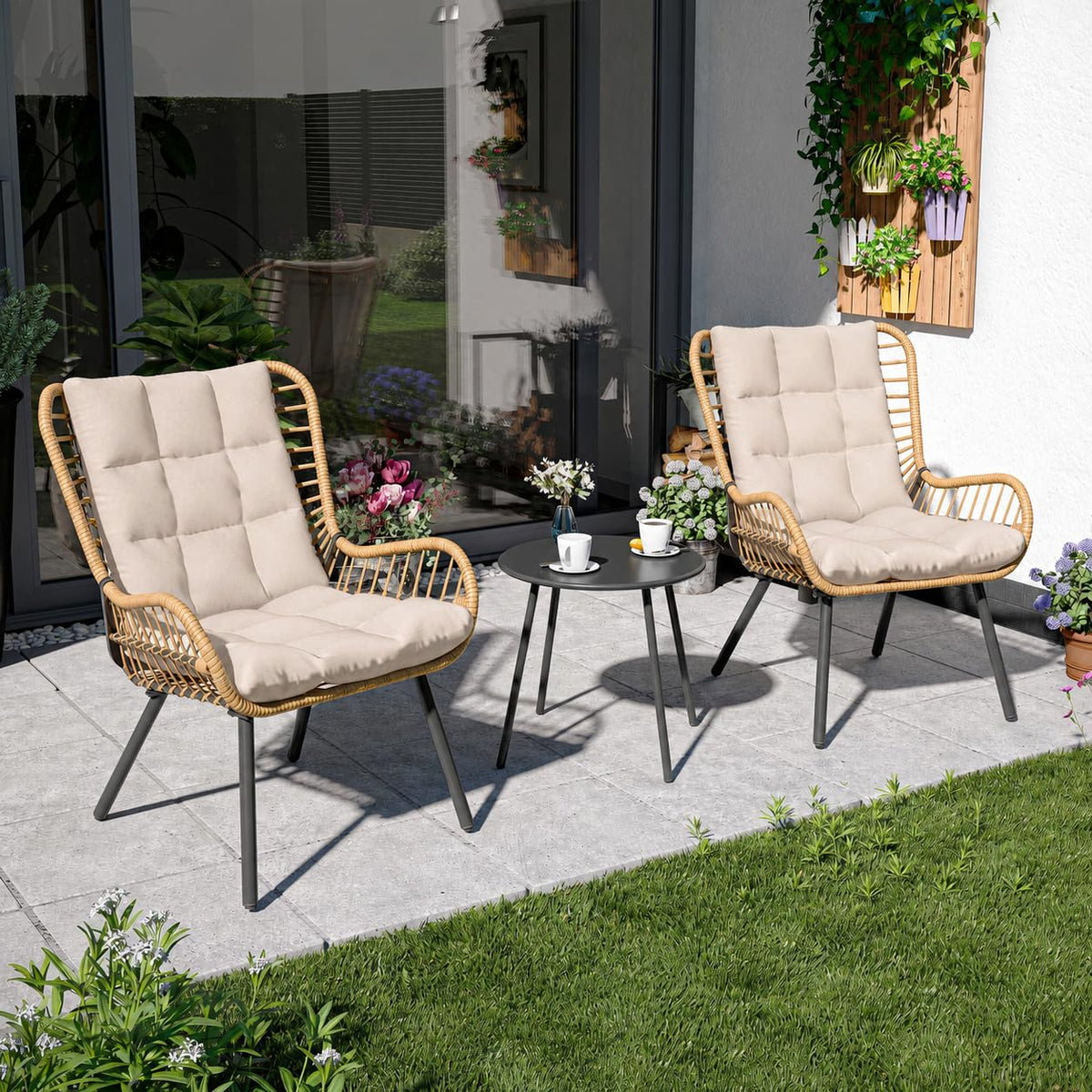 LAUSAINT HOME 3 Piece Outdoor Bistro Set, Small Patio Furniture Set with Coffee Table and Thick Cushions, Front Porch Furniture for Lawn, Garden, Balcony, Poolside, White