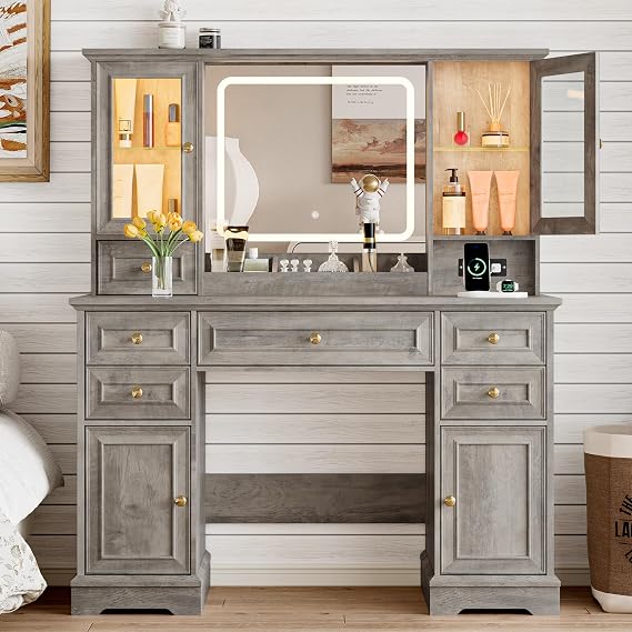 Farmhouse Makeup Vanity Desk with Lighted Mirror