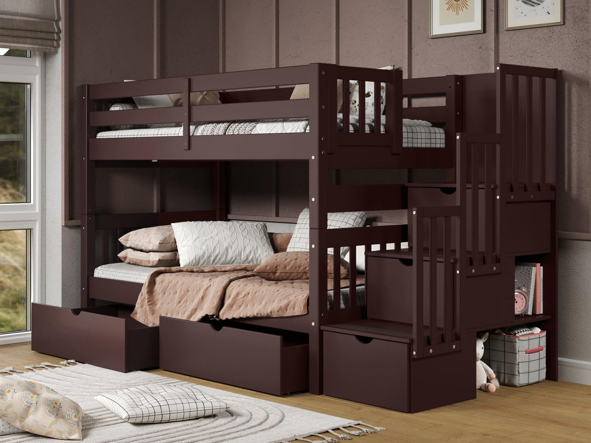 Bedz King Stairway Bunk Beds Twin Over Twin, 3 Step Drawers, 2 Storage Drawers, Dark Cherry