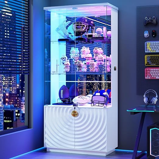 4-Tier Glass Display Cabinet with RGB LED Lights, Motion Sensor & Lockable Pop-Up Door – 70.9"