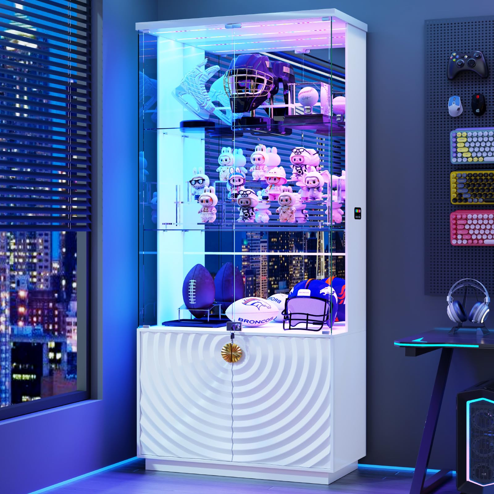4-Tier Glass Display Cabinet with RGB LED Lights, Motion Sensor & Lockable Pop-Up Door – 70.9"