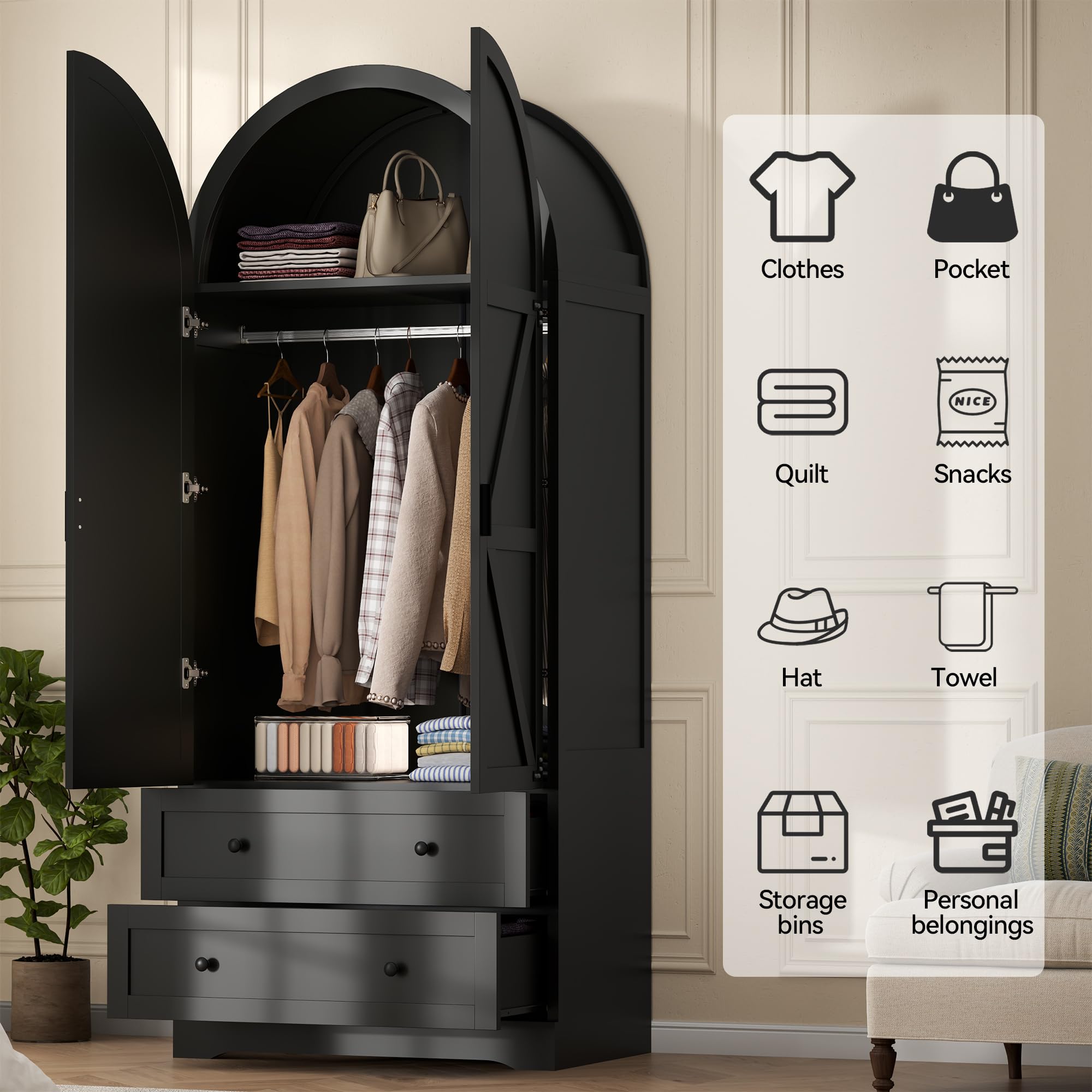 Gyfimoie Black Armoire Wardrobe Closet with 2 Drawers, 74.8" Wooden Wardrobe with 2 Doors, Freestanding Closet Armoire Cabinet with Hanging Rack, Clothing Storage Cabinet for Bedroom (Black)