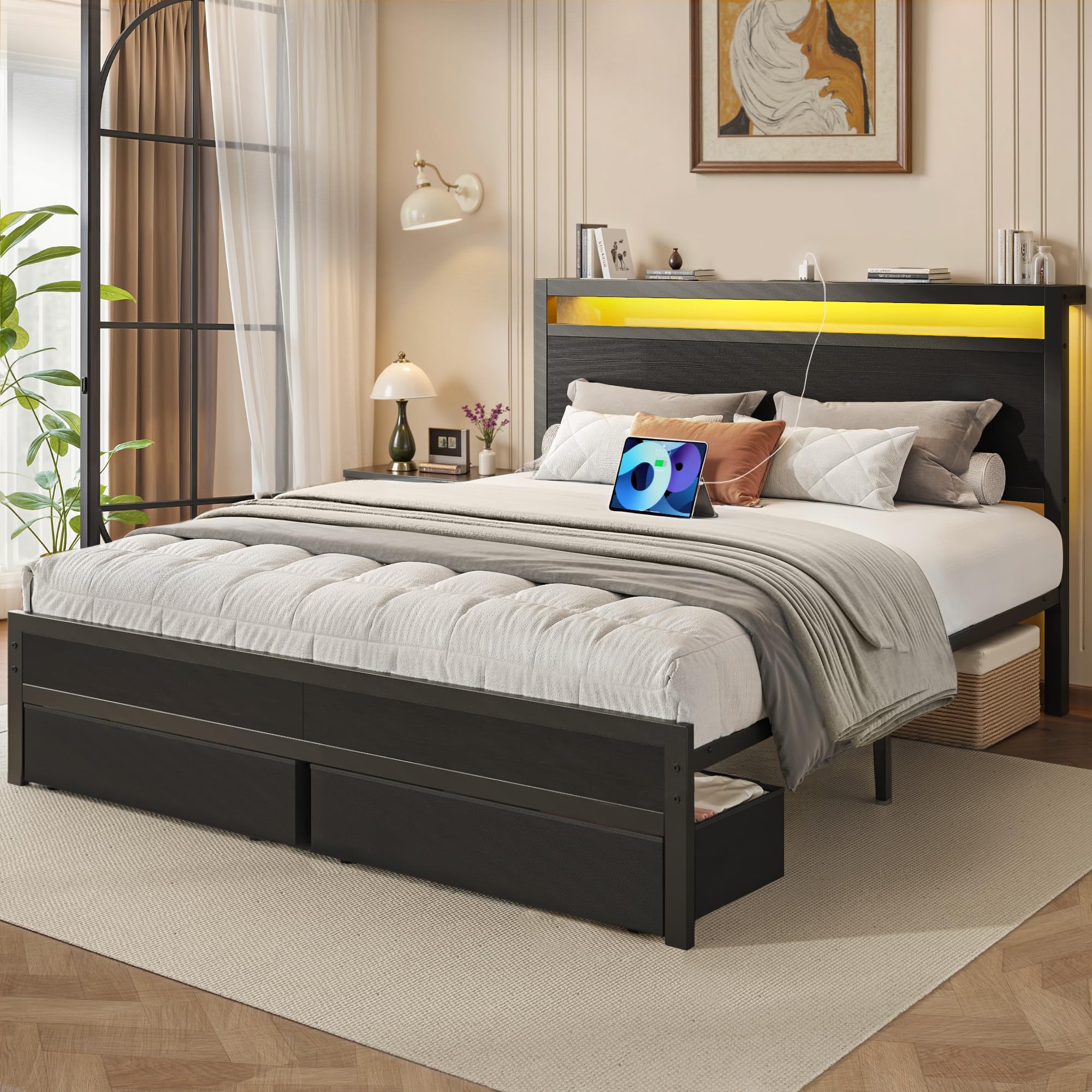 Queen Bed Frame with Storage Headboard & LED Lights