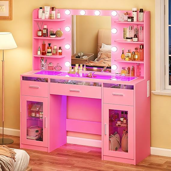 Vanity Desk with Mirror, Lights & Storage