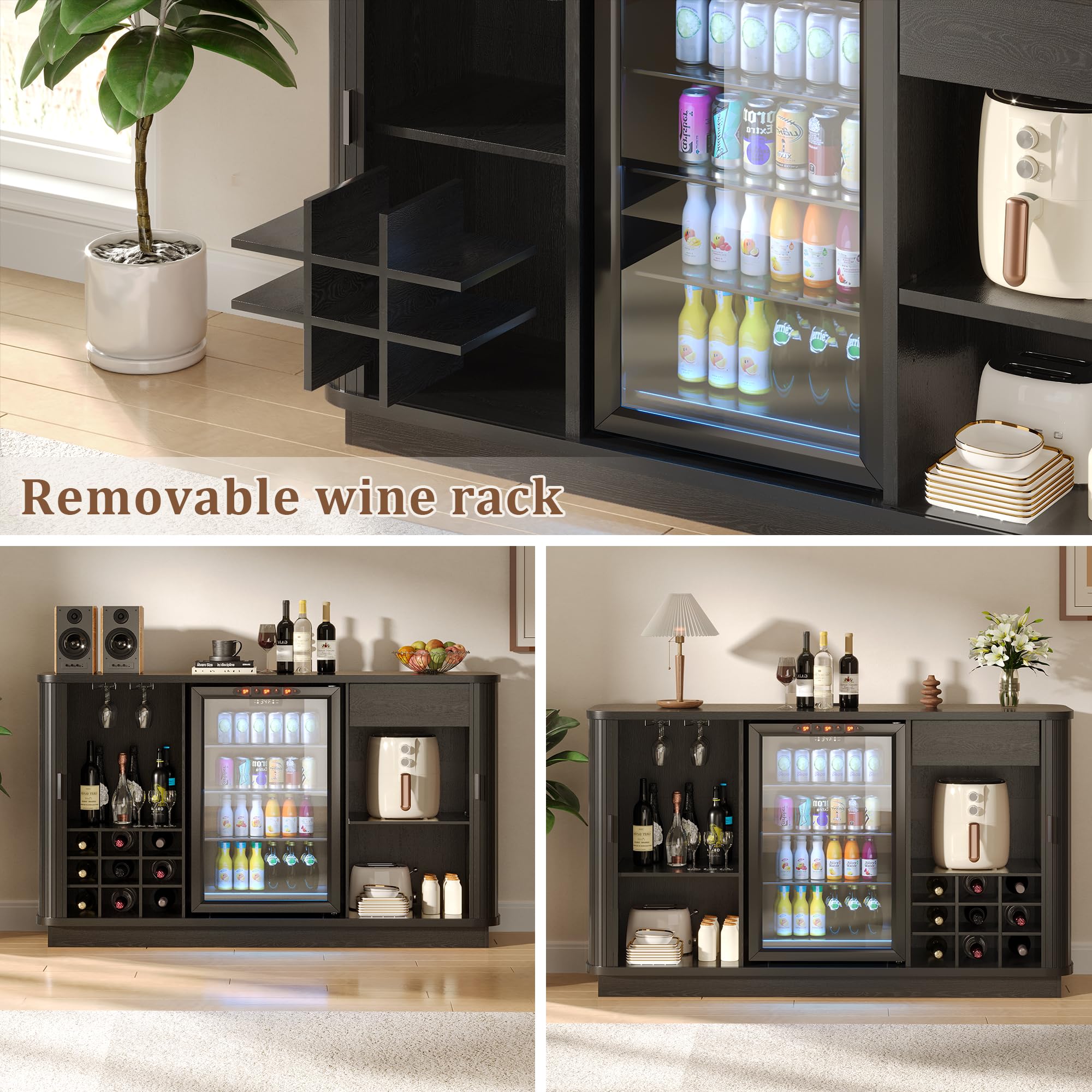 Lurinthal Coffee Bar Cabinet with Fridge Space, Liquor Wine Bar Cabinets with Wine Rack and Glass Holder, Mini Fridge Cabinet with Storage, Fluted Buffet Sideboard for Living Room, Home, Kitchen