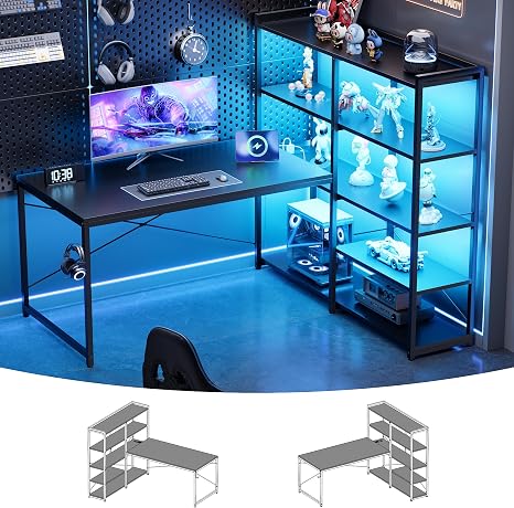 L-Shaped Desk with 5-Tier Shelves, LED Lights & Power Outlet, 49 Inch