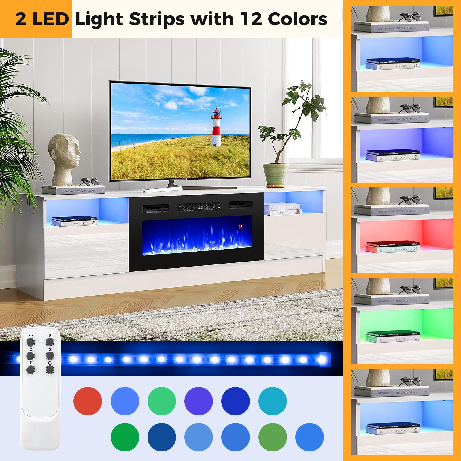 Tangkula 36 Inches Electric Fireplace, 5,000 BTU Fireplace Insert with LED Light Strips, Remote, Crystal Stones & Adjustable Flame Effect, 1-8H Timer, Thermostat & Overheat Protection
