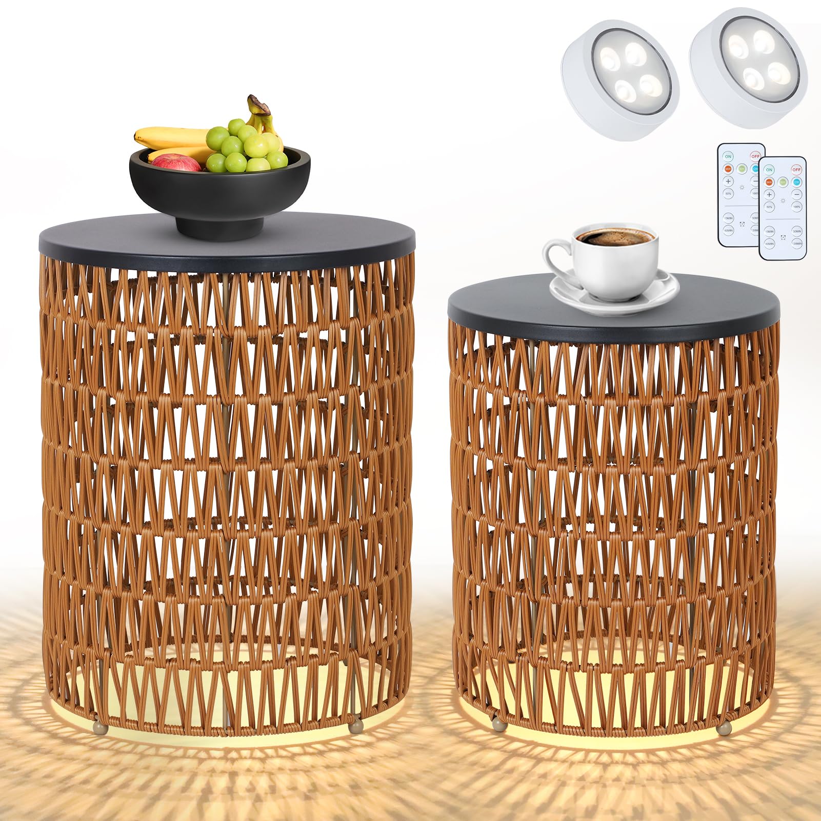 Boho Outdoor Side Table Set of 2 with Dimmable Light
