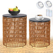 Boho Rattan Outdoor Side Table Set of 2 with Dimmable Light