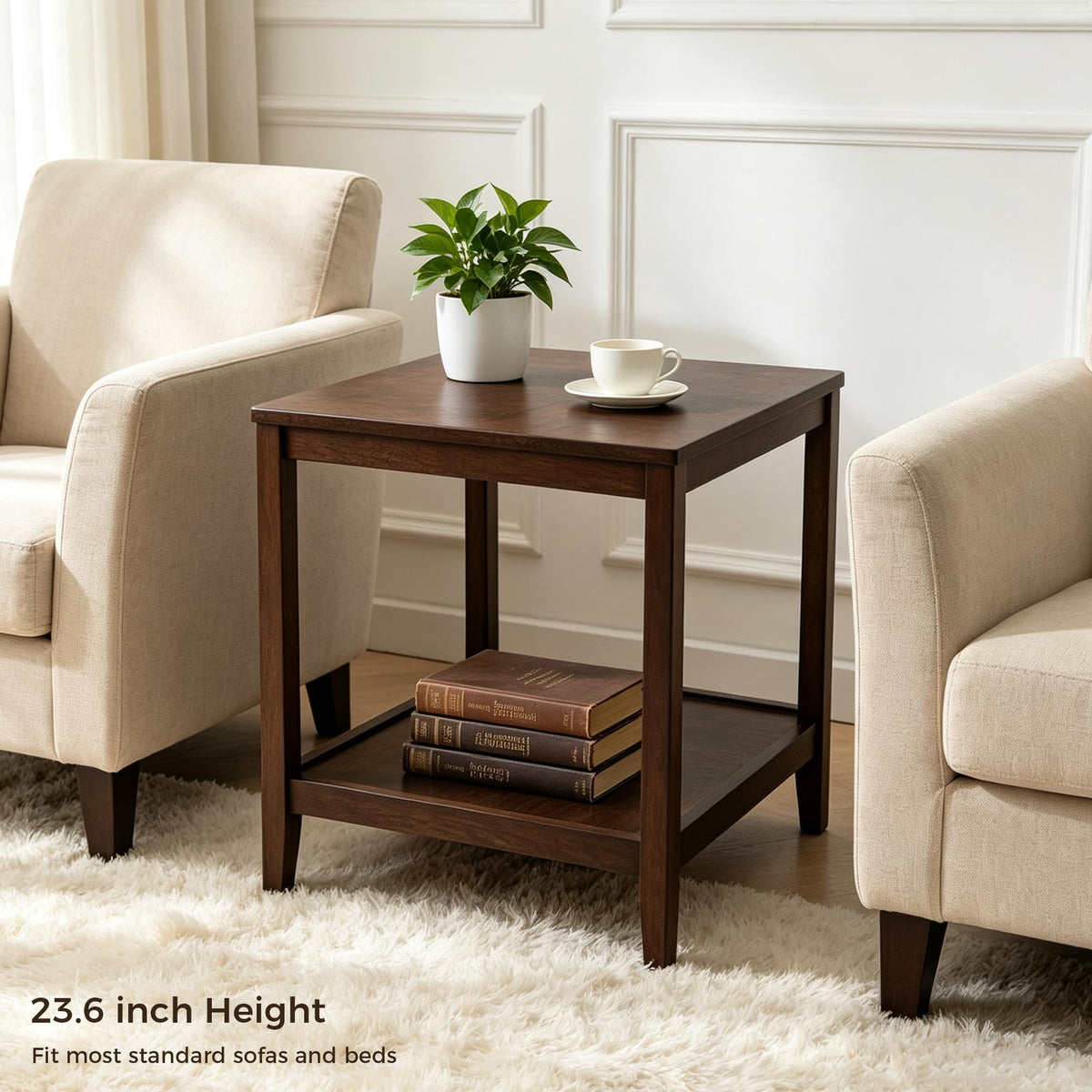 Kelvorvin Square Side Table, Solid Wood End Table 2-Tier Small Coffee Table