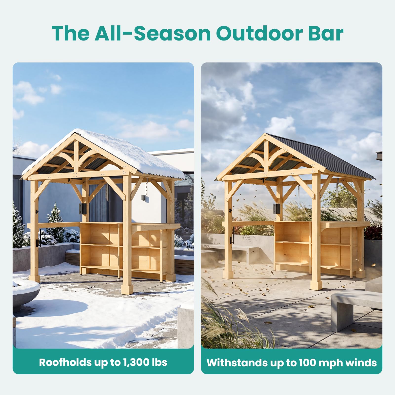 SUNBURY Shade Grill Gazebo, Outdoor Wood Bar Pavilion with Storage Shelves, Patio Bar Counter with Hardtop Galvanized Steel Roof, Backyard Entertaining Station for BBQ, Pool Party, Garden Deck