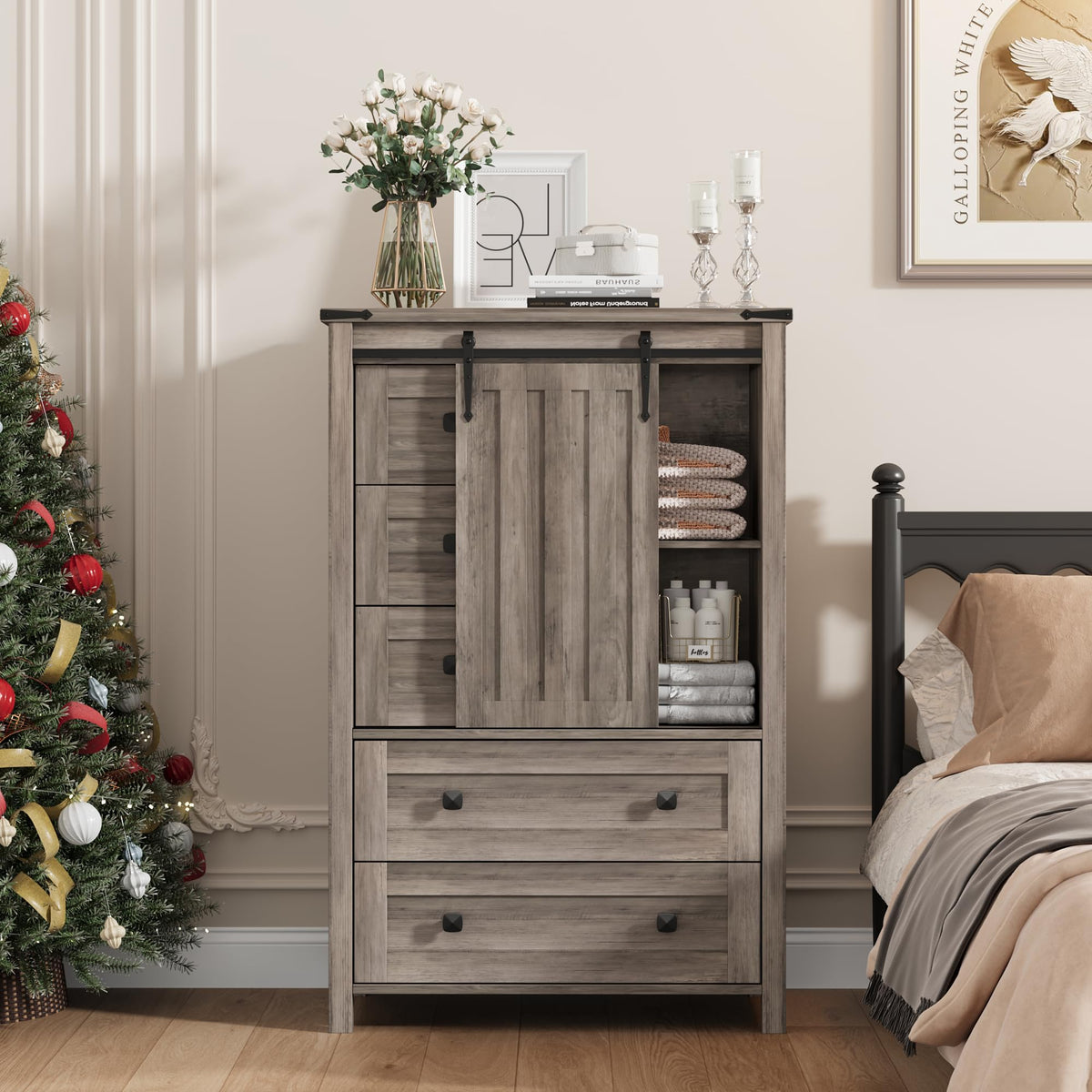 GarveeHome 48" Tall 5 Drawer Dressers with Sliding Barn Door, Grey