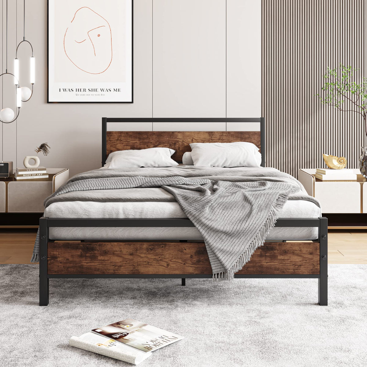 HOJINLINERO Full Size Bed Frame with Headboard,Wood Bed Frame Rustic Brown