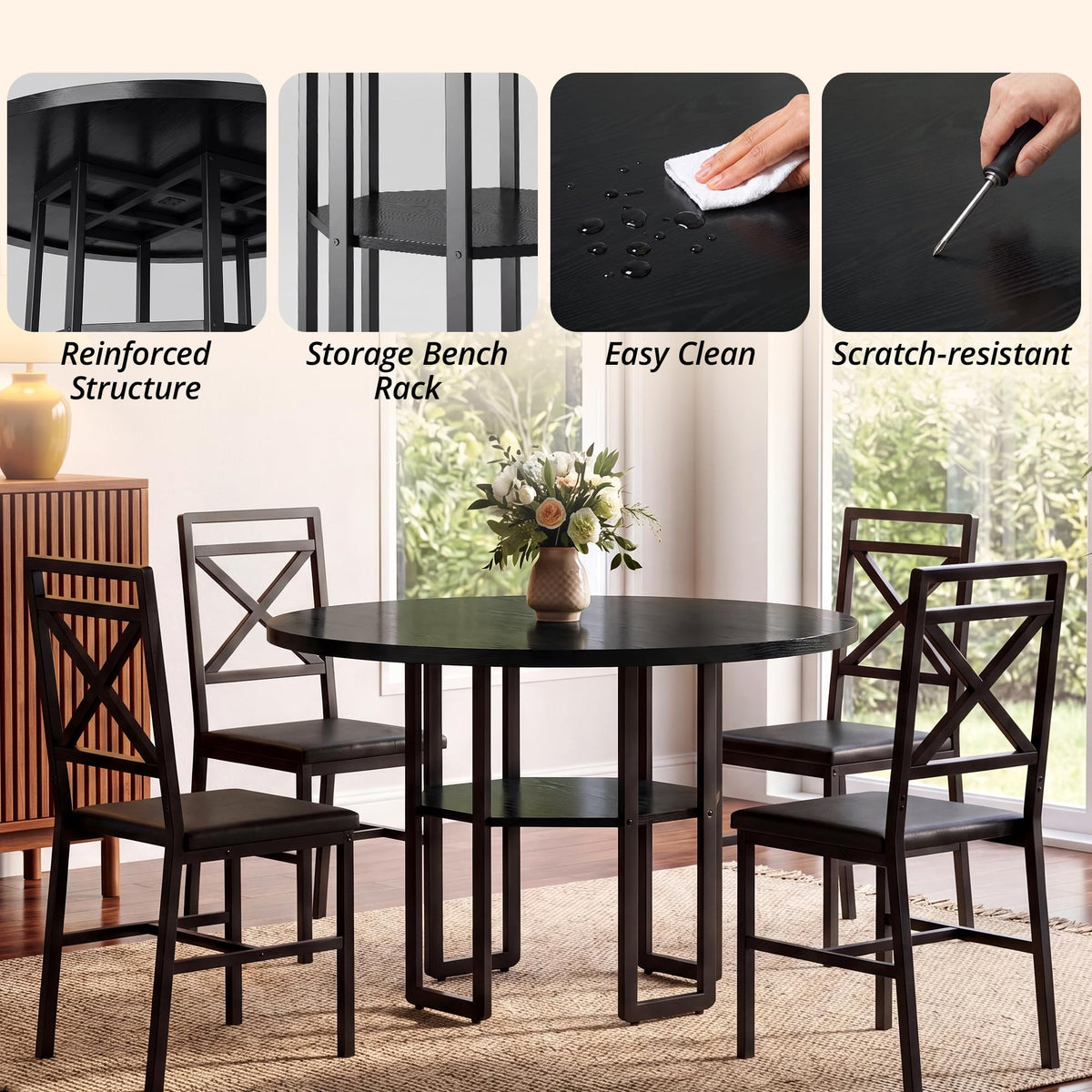 IRONCK Dining Table Set for 4, 47.2 inch Round Kitchen Table and 4 Chairs