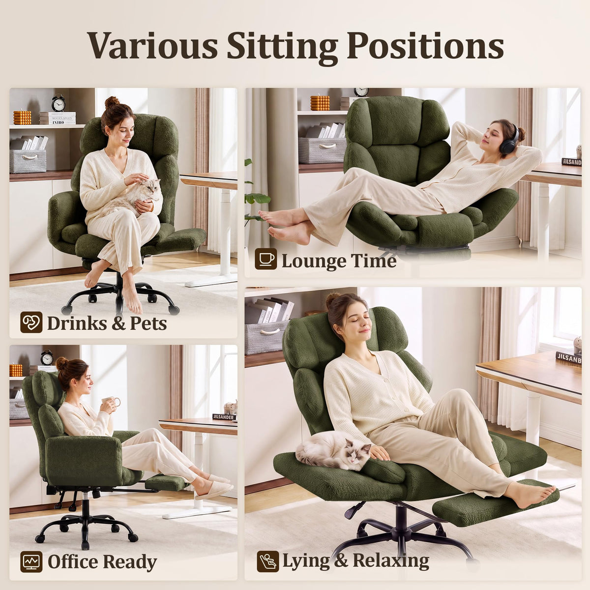 YUUIJOAA Big and Tall Office Chair with Flip Armrests and Footrest, Teddy Wide Seat Criss Cross Legged Home Desk Office Chair with Pet Seat,Reclining Computer Gaming Chair with Lumbar Pillow, Green